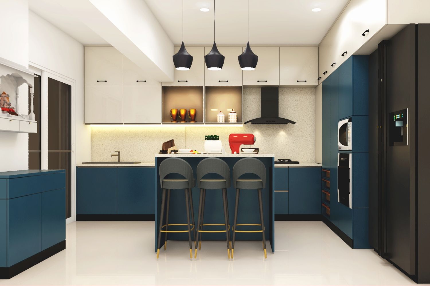 Modern Modular Island Kitchen Design with Shore Blue and Champagne Toned Cabinets