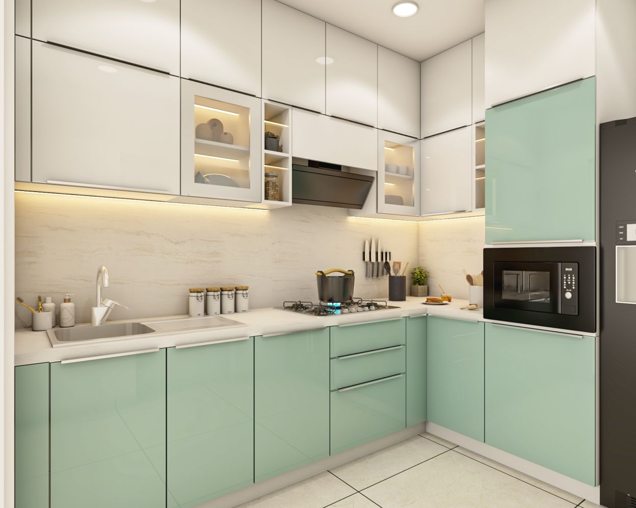 Modern L-Shape Modular Kitchen Design With Aqua Green And Frosty White Cabinets