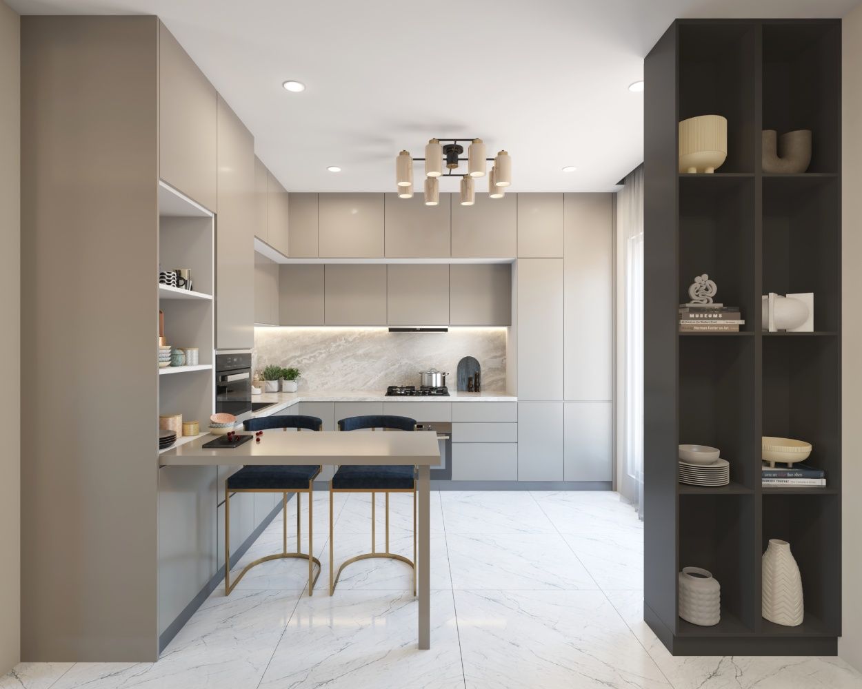 Modern Modular L Shape Kitchen Design In Pumic Grey Tones