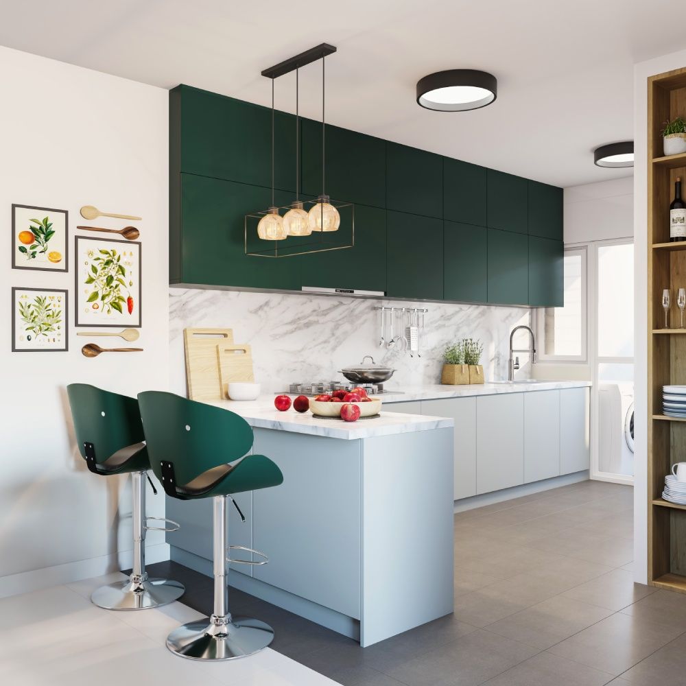 Modern Modular Open Kitchen Design In Grey And Emerald Tones