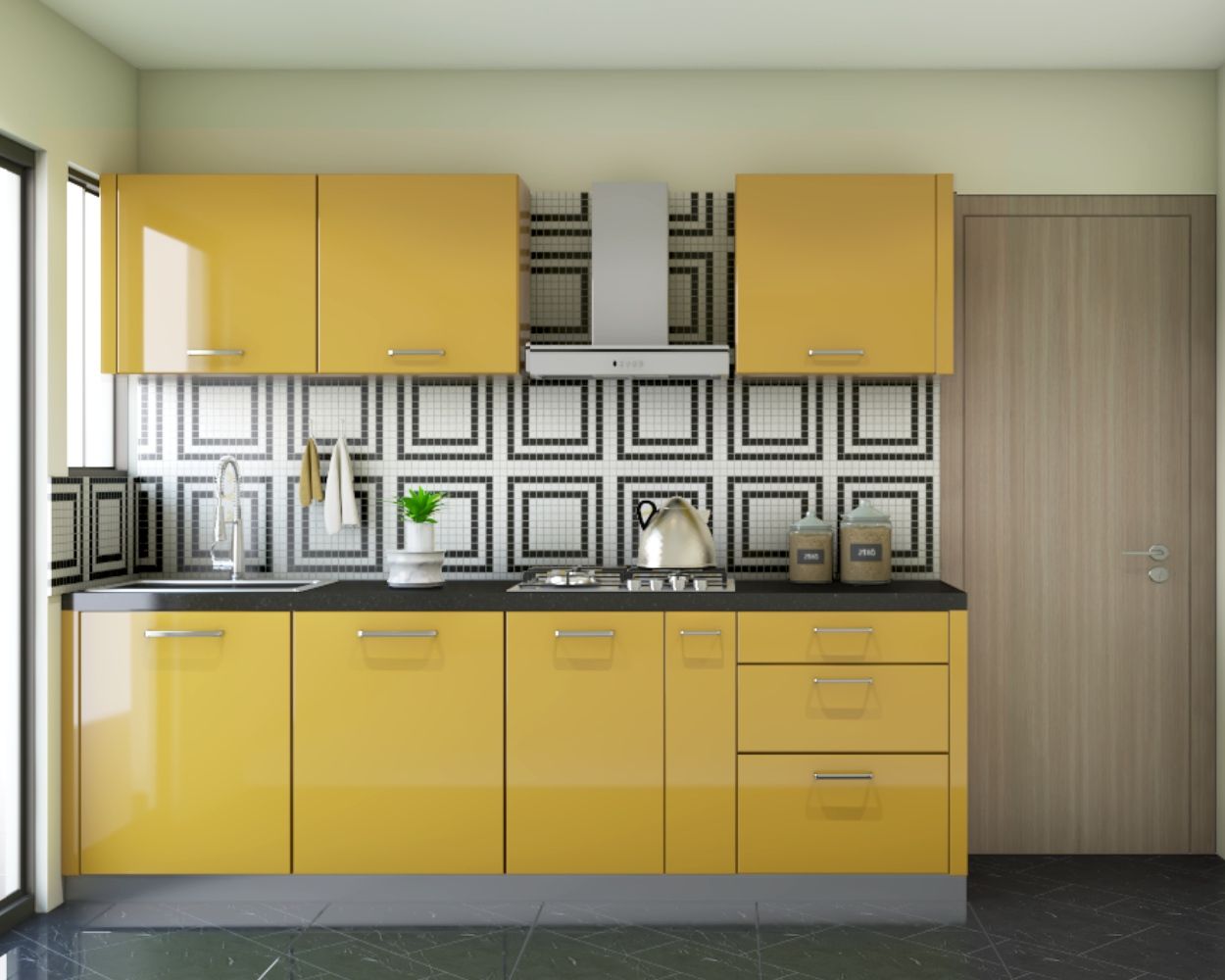 Contemporary Yellow Modular Parallel Kitchen Design With Geometric Black And White Dado Tiles