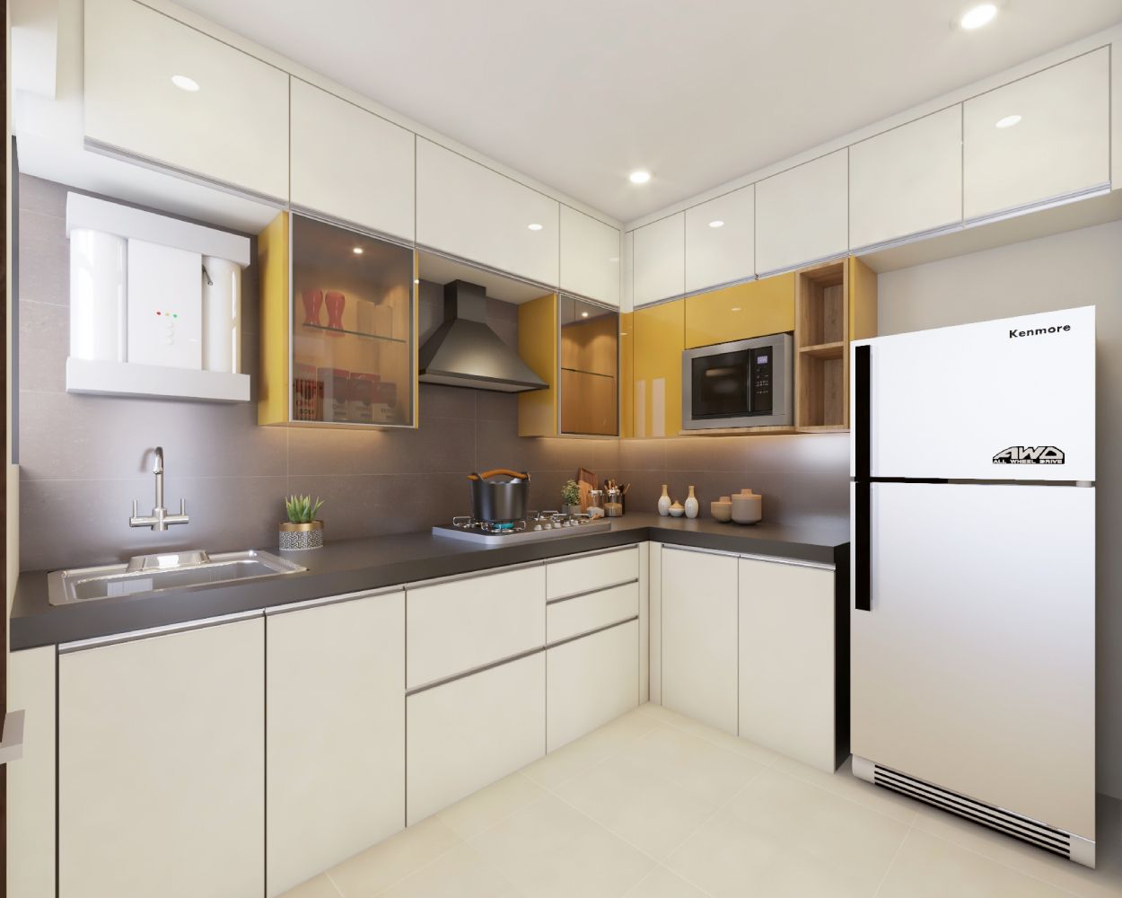 Modern Modular L Shape Kitchen Design In Champagne And Solar Yellow Tones