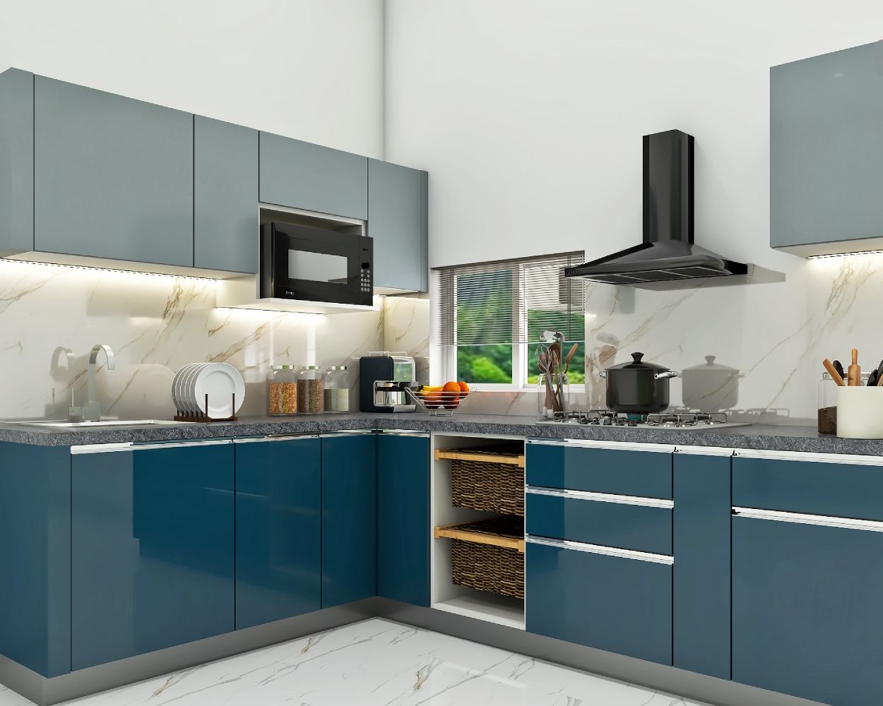 Modern Blue And Silver Frost Modular L Shape Kitchen Design