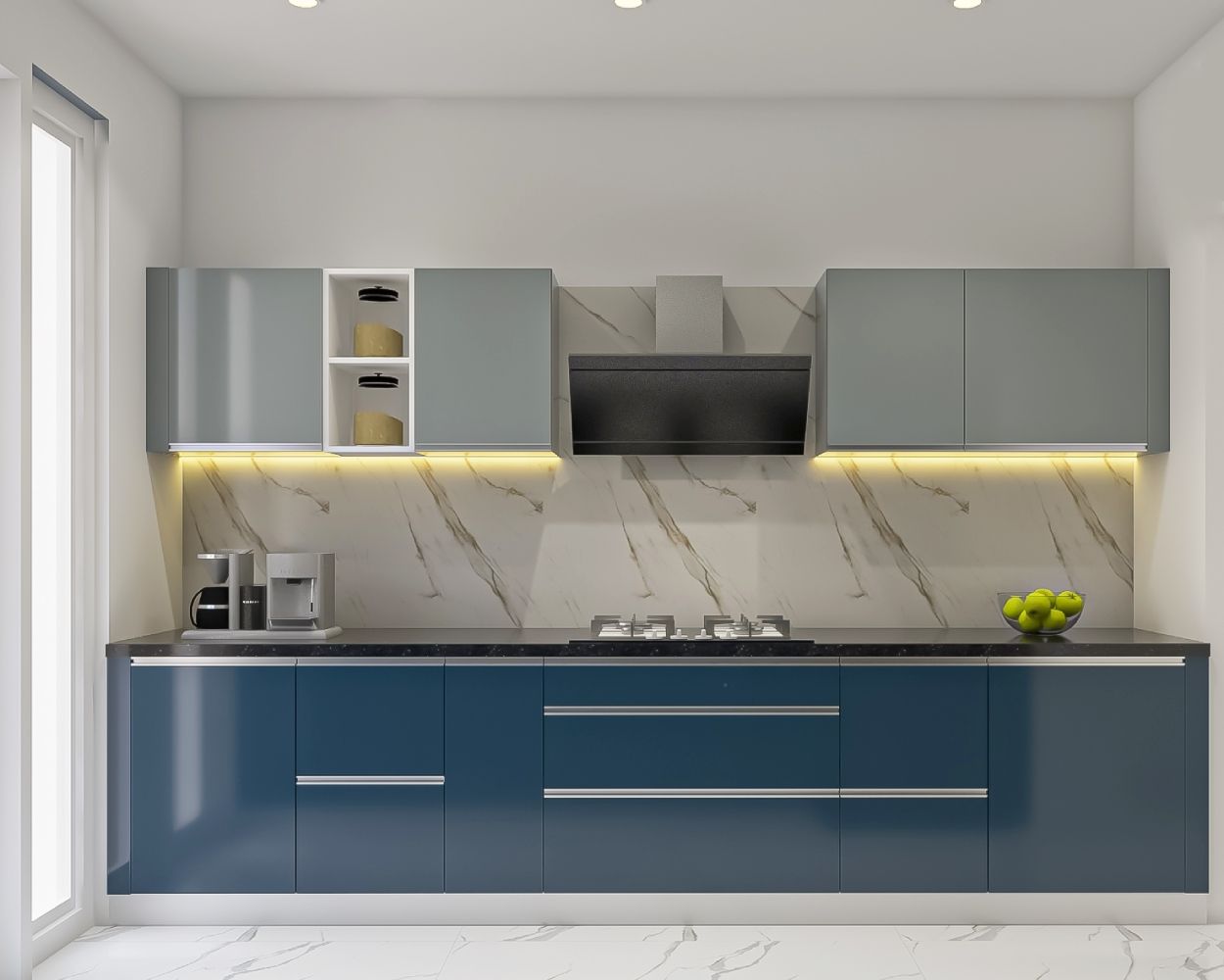 Modern Modular Parallel Kitchen Design With Shore Blue And Pearl-Toned Cabinets