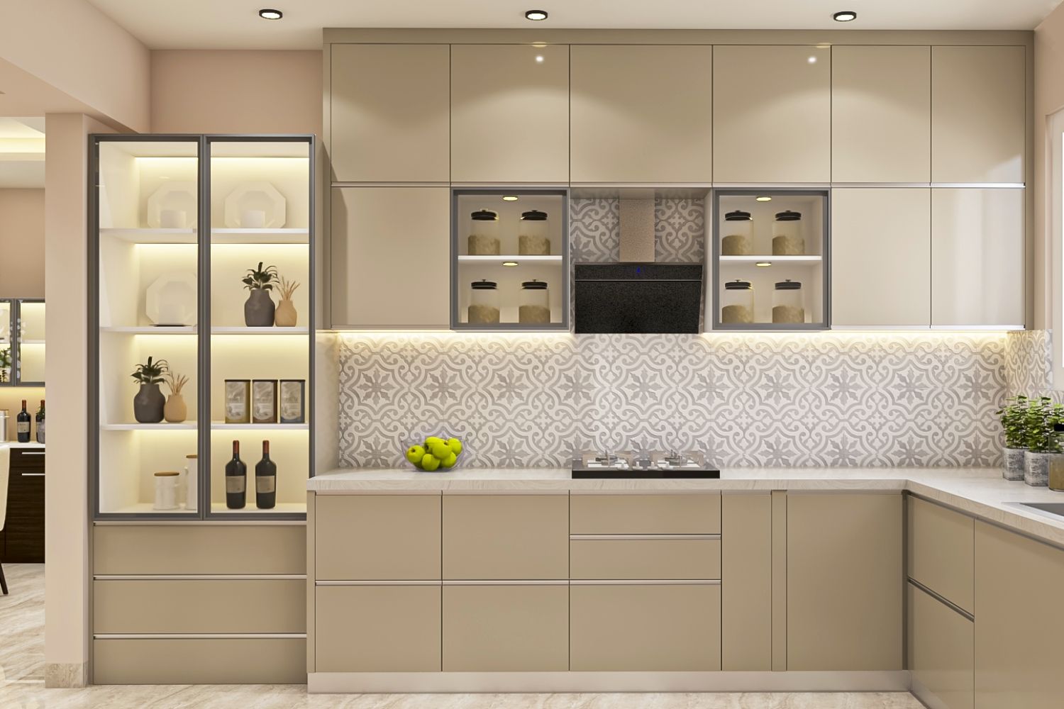 Modern Modular L Shape Kitchen Design In Pumic Grey Tones