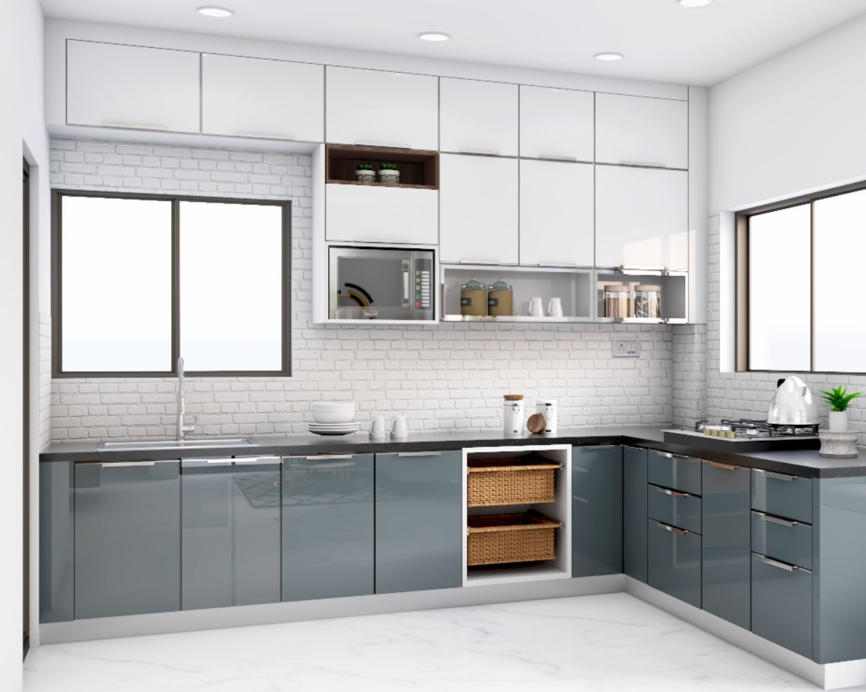 Contemporary L-Shaped Modular Kitchen Design With Silver Frost And Frosty White Accents