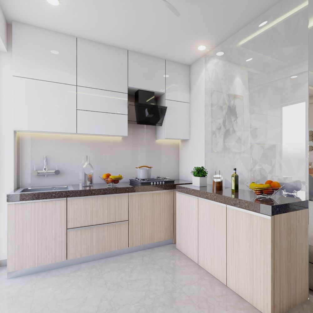 Contemporary Modular L-Shaped Kitchen Design With Teak And Frosty White Cabinets