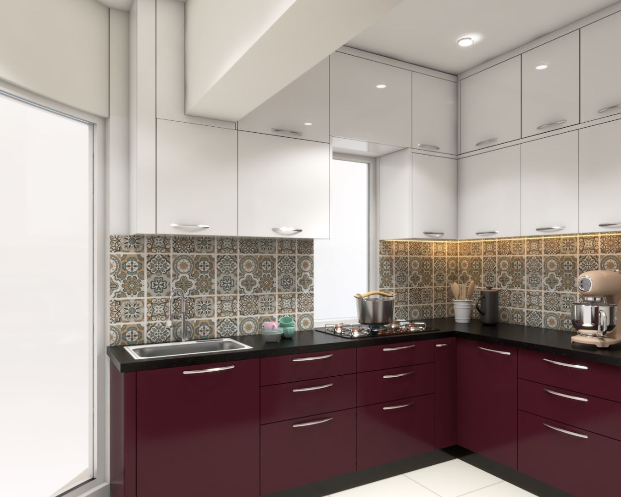 Modern L-Shaped Modular Kitchen Design with Popping Ruby and Frosty White Accents