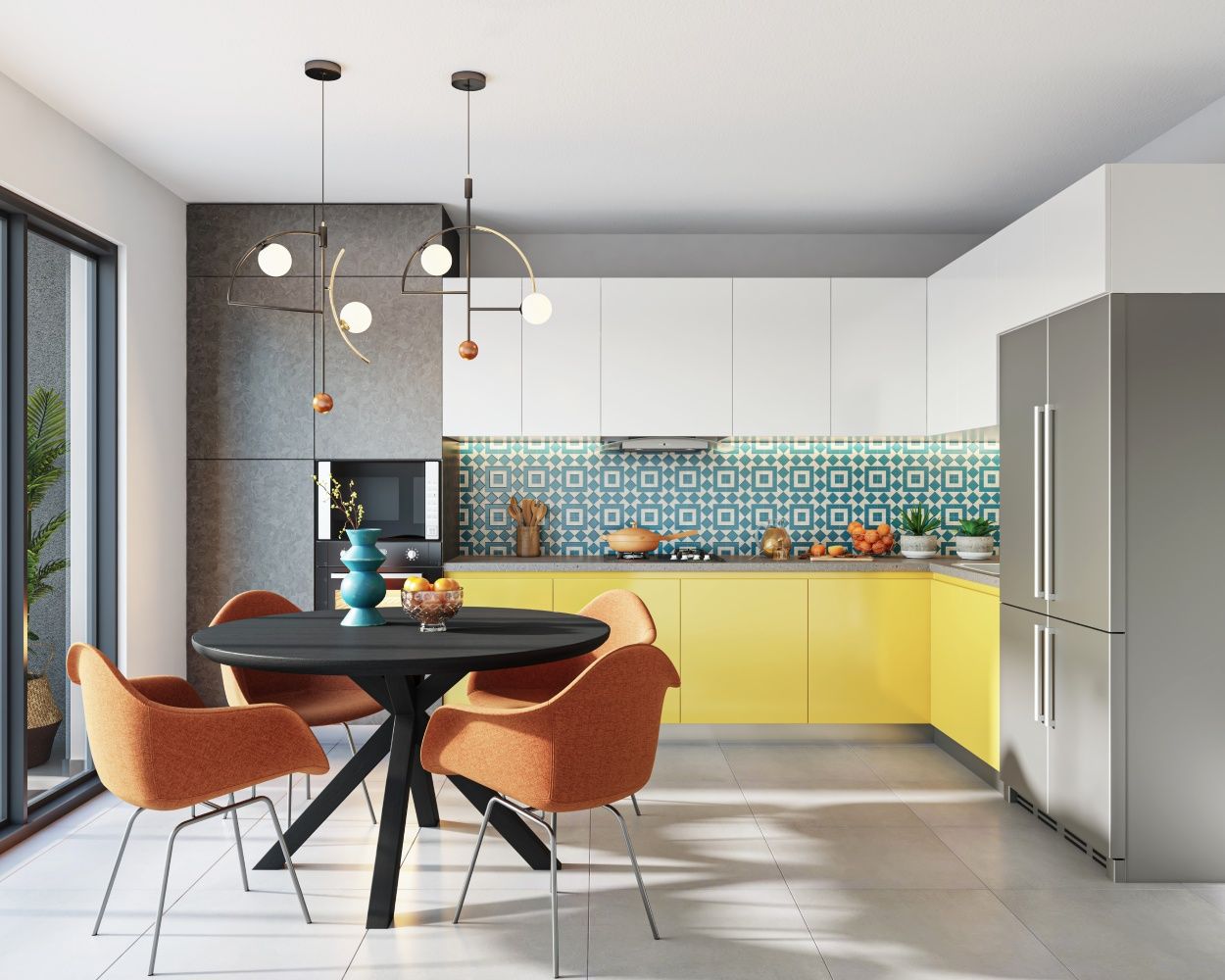 Contemporary Modular L Shape Kitchen Design With Marigold Yellow And Frosty White Cabinets