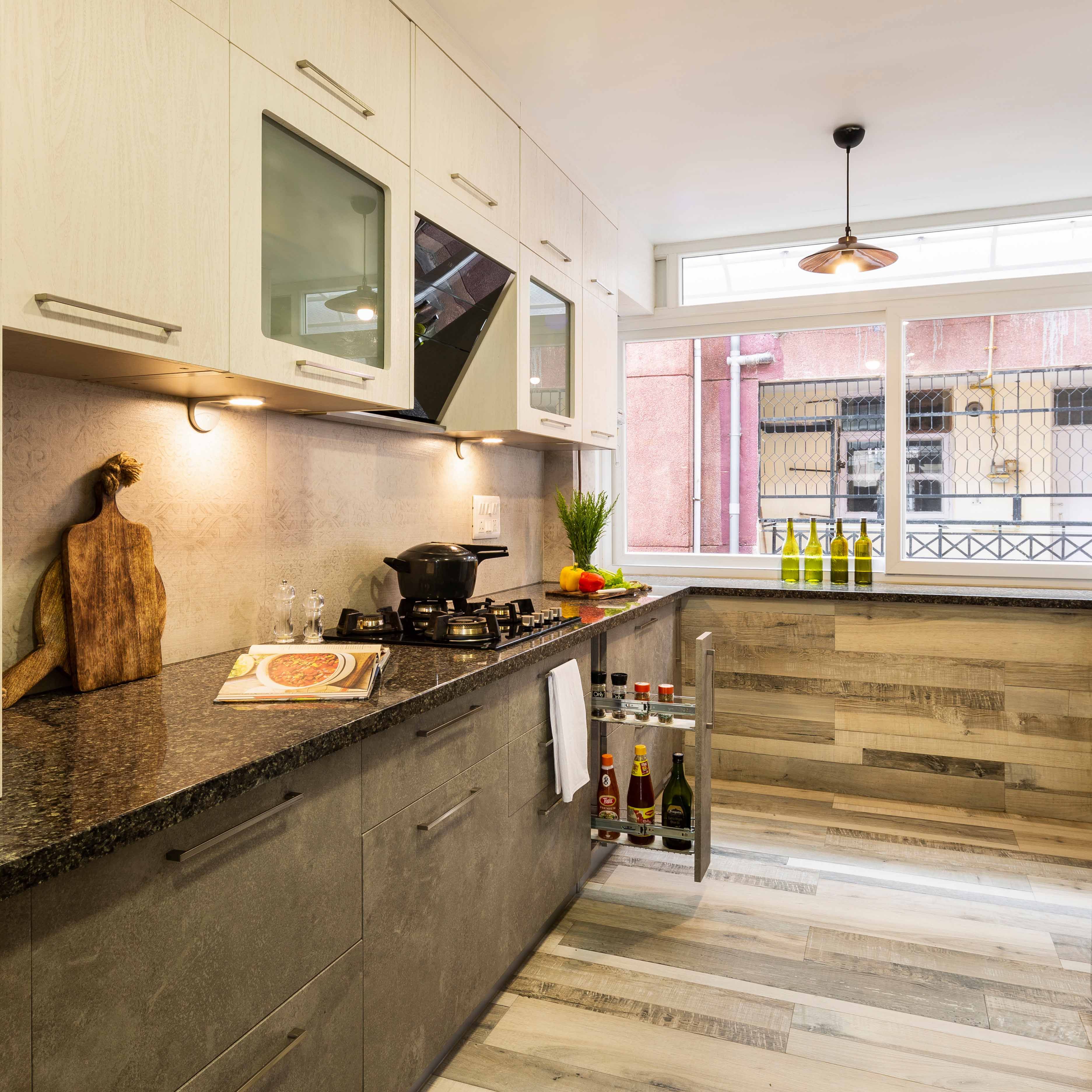 Modern Open Modular Kitchen Design With Acacia Cabinets