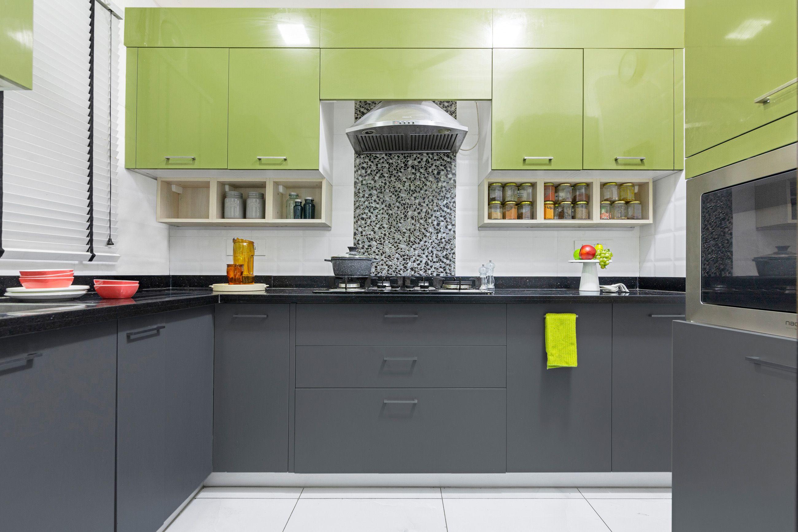 Modern L-Shape Modular Kitchen Design In Green And Grey