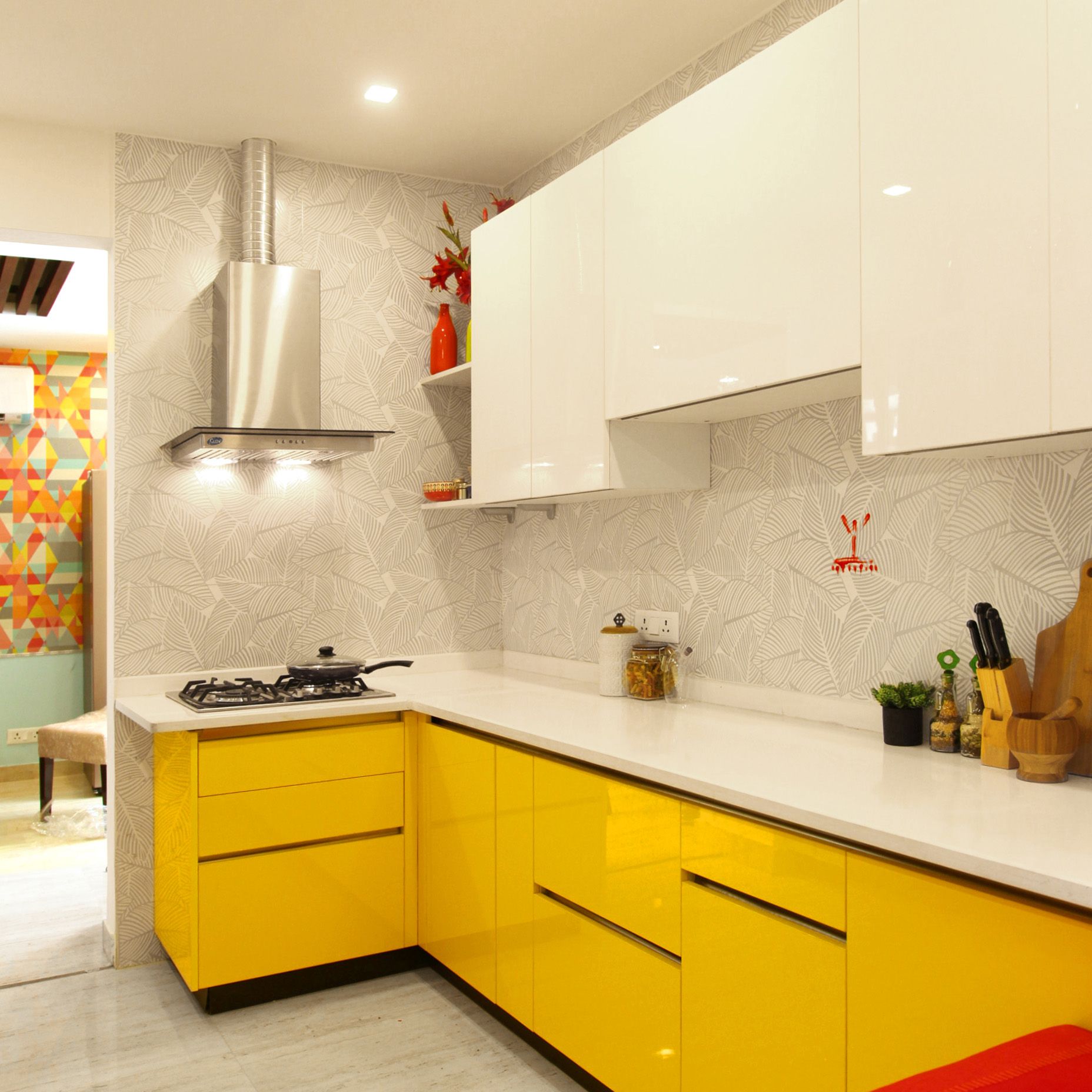 Contemporary L-Shape Modular Kitchen Design with Marigold Base Unit