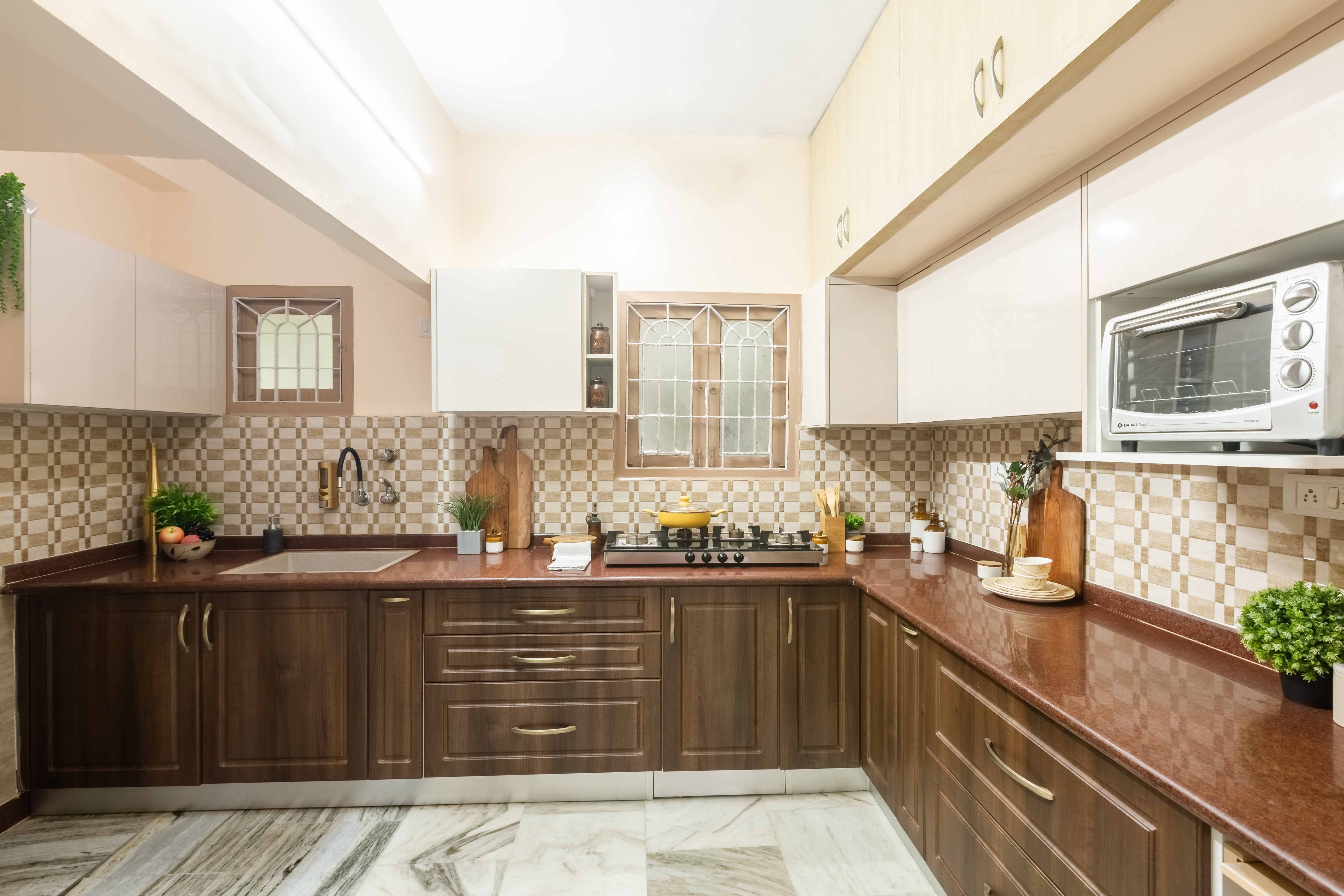 Classic L-Shape Modular Kitchen Cabinet Design with Acacia Exodus Base Unit