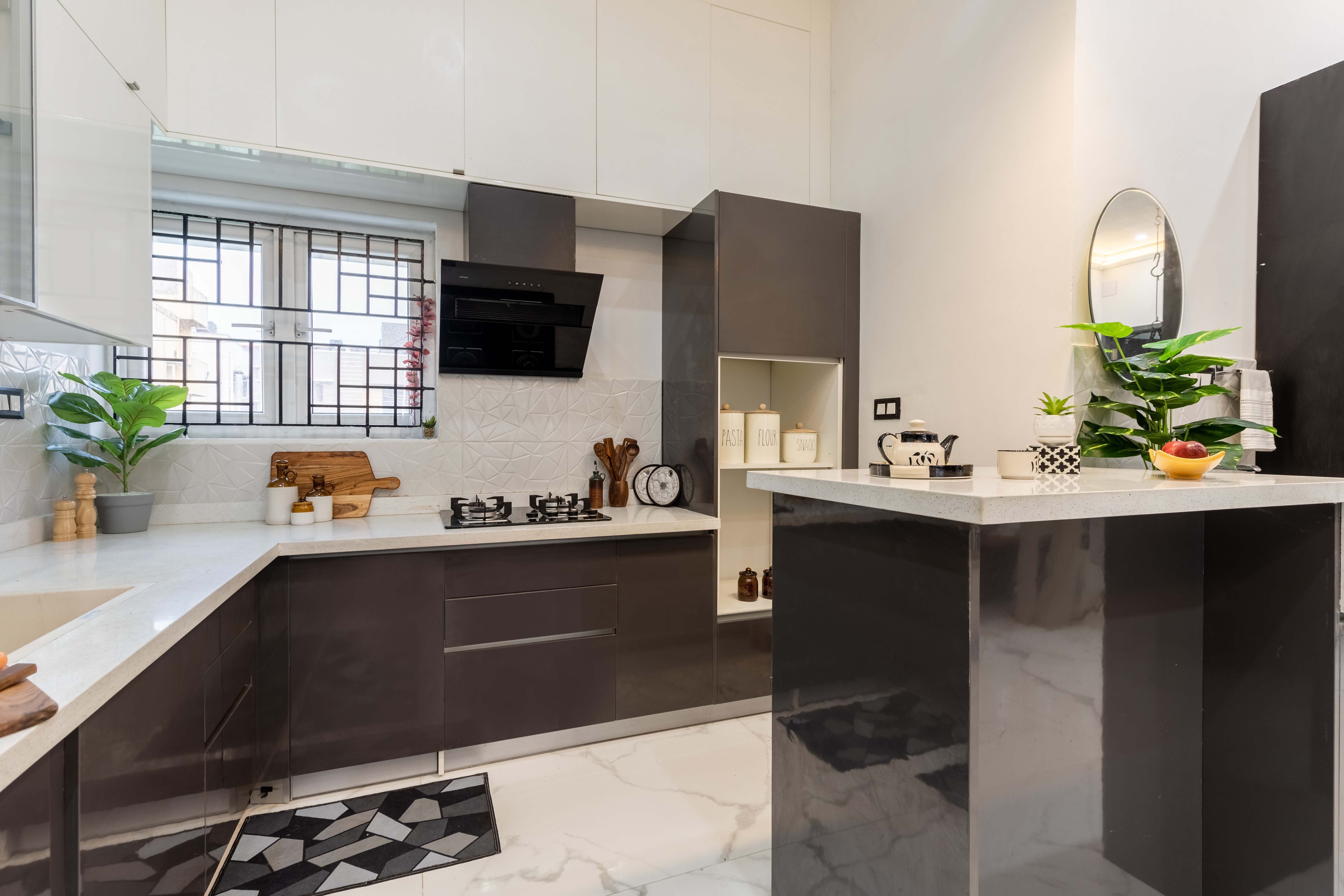 Modern L-Shape Modular Kitchen Design with Dark Grey Base and Tall Units