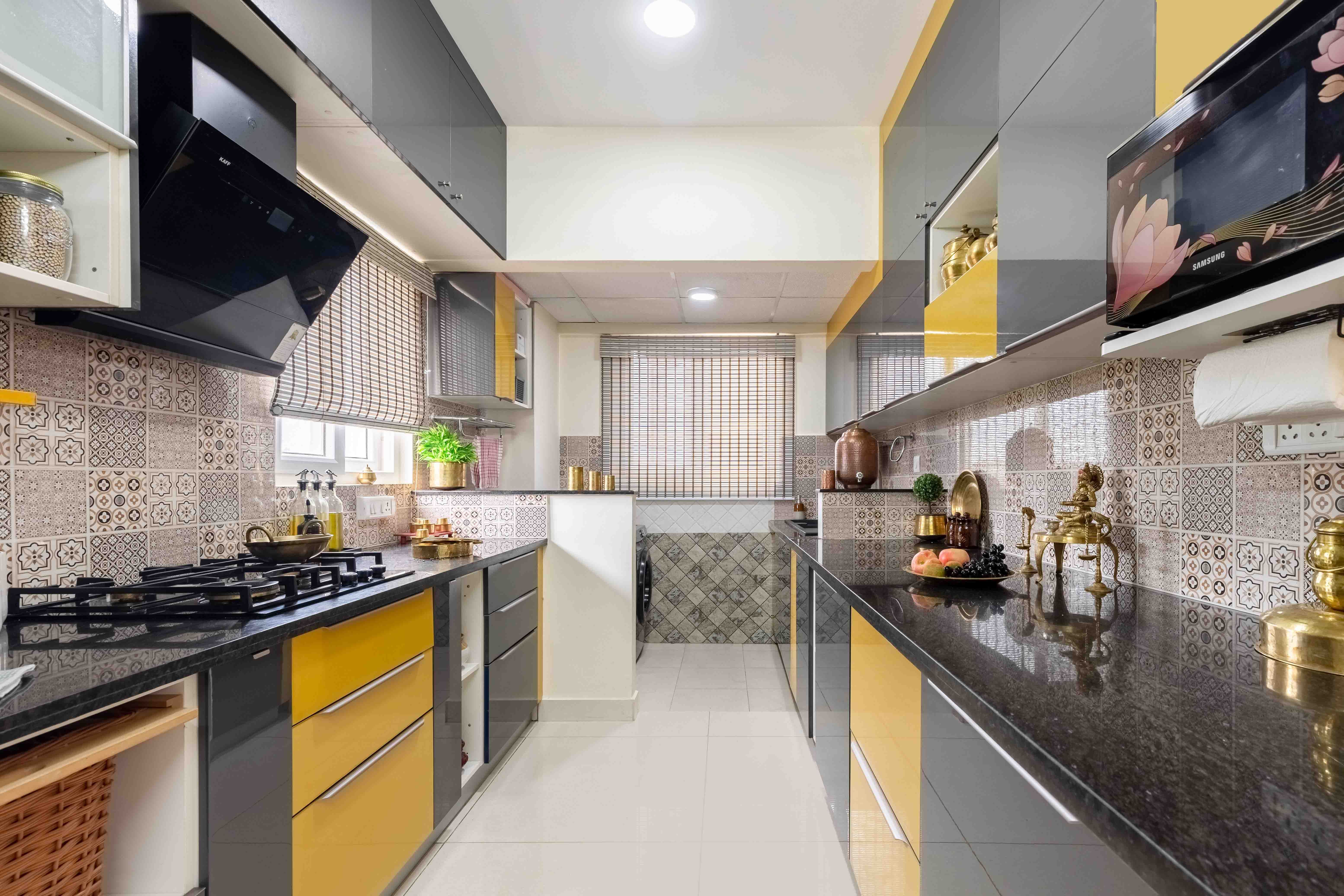 Contemporary Parallel Kitchen Design with Slate Grey and Parakeet Cabinets