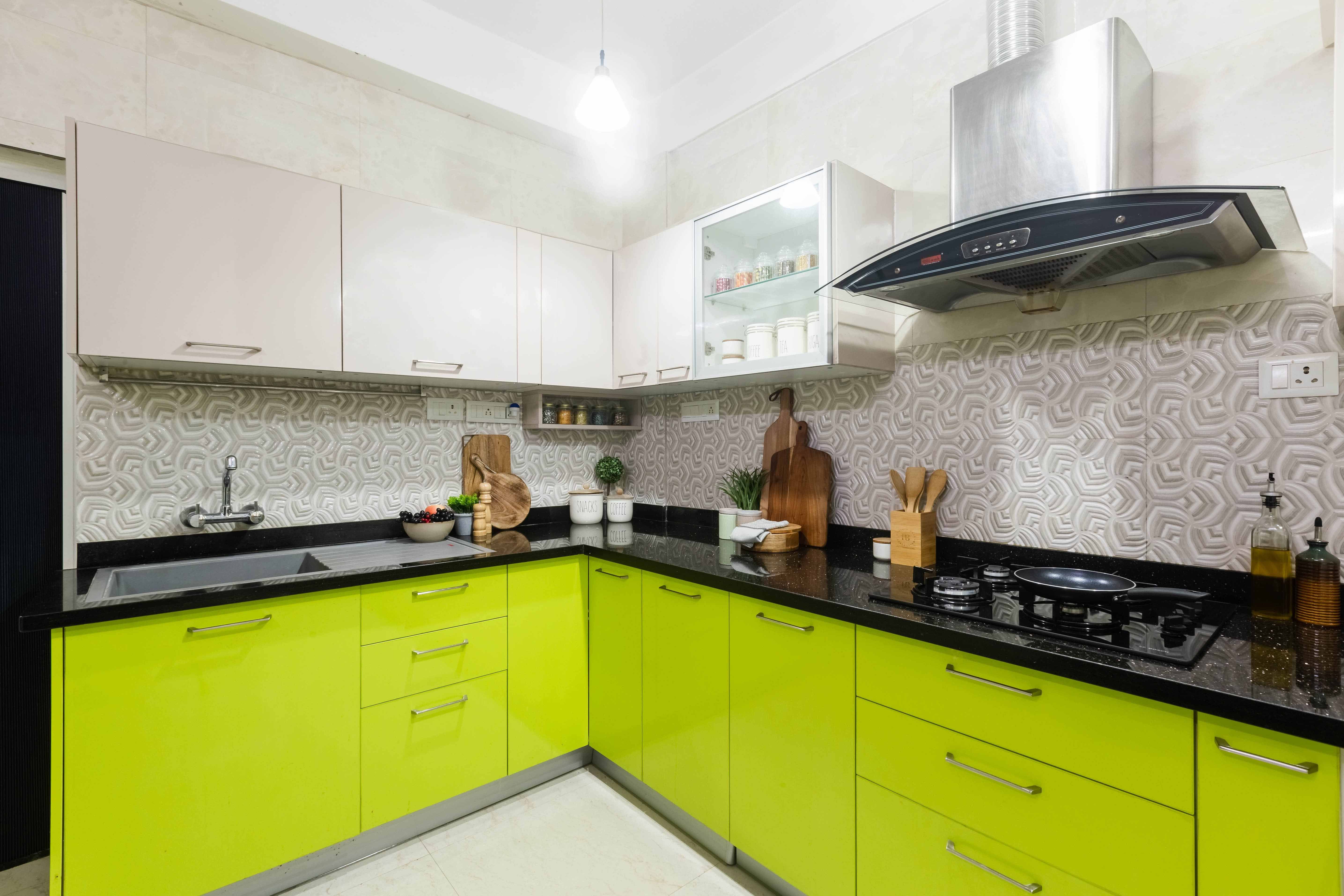 Contemporary L-Shape Modular Kitchen Cabinet Design with Lime Base