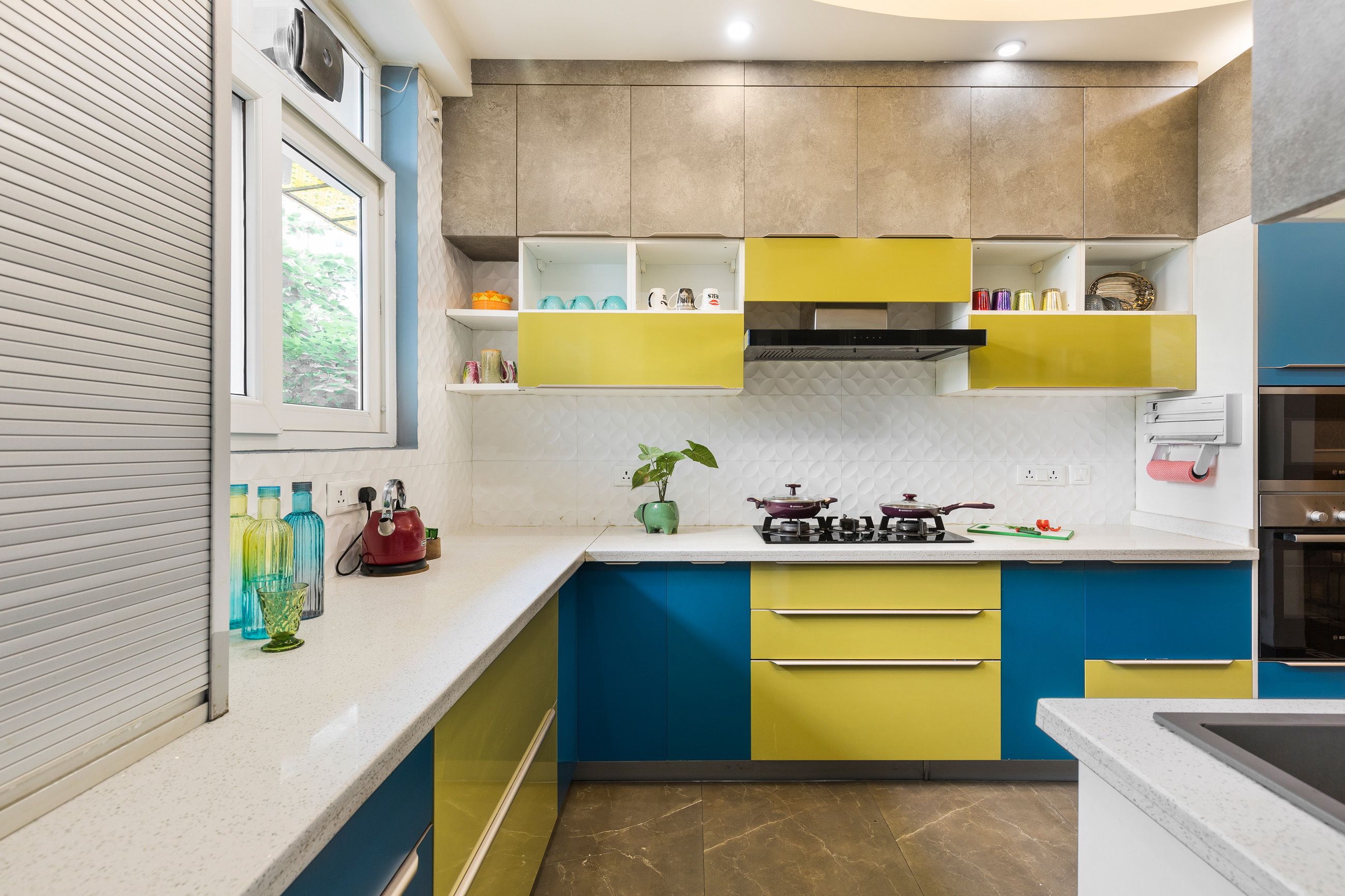 Modern L-Shape Modular Kitchen Design with Aqua Blue and Sunflower Yellow Cabinets