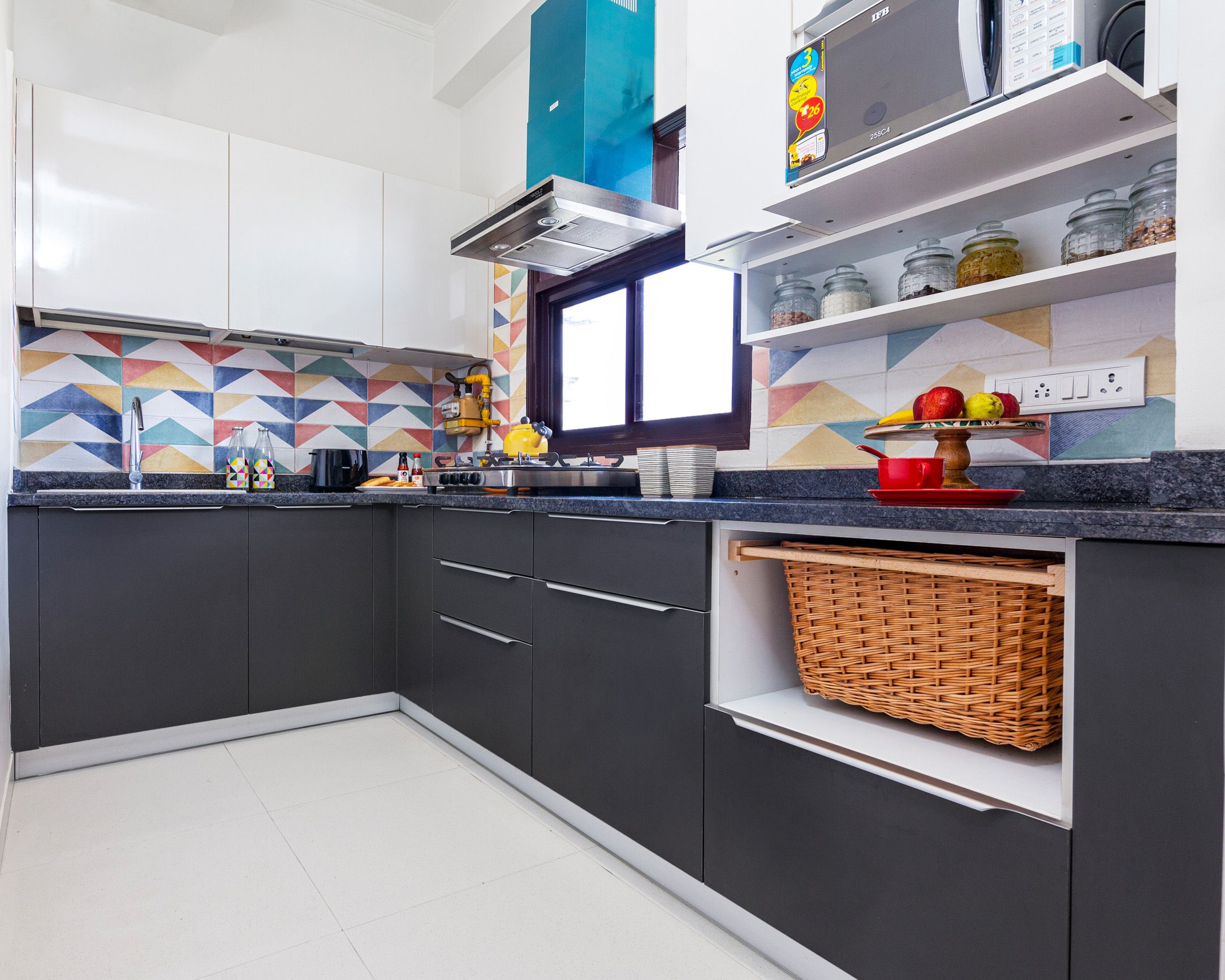Classic L-Shape Modular Kitchen Design with Slate Grey Base Unit