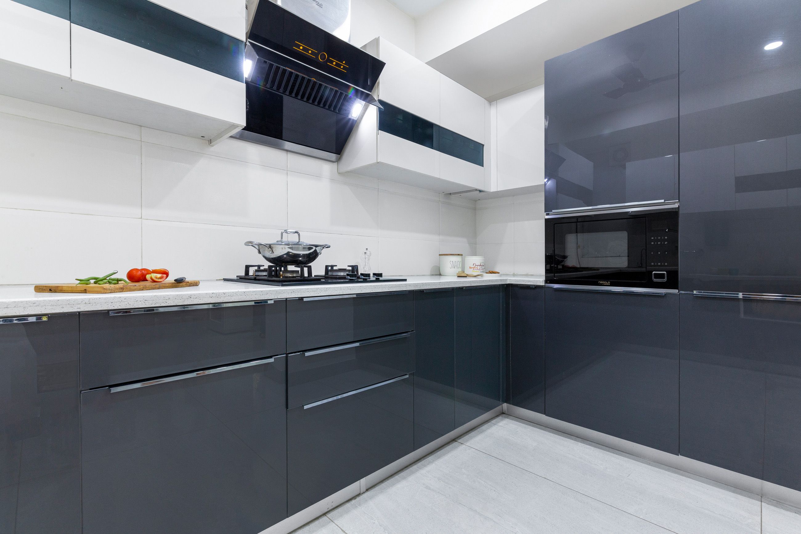 Modern U-Shaped Modular Kitchen Design With Slate Grey Base and Frosty White Cabinets