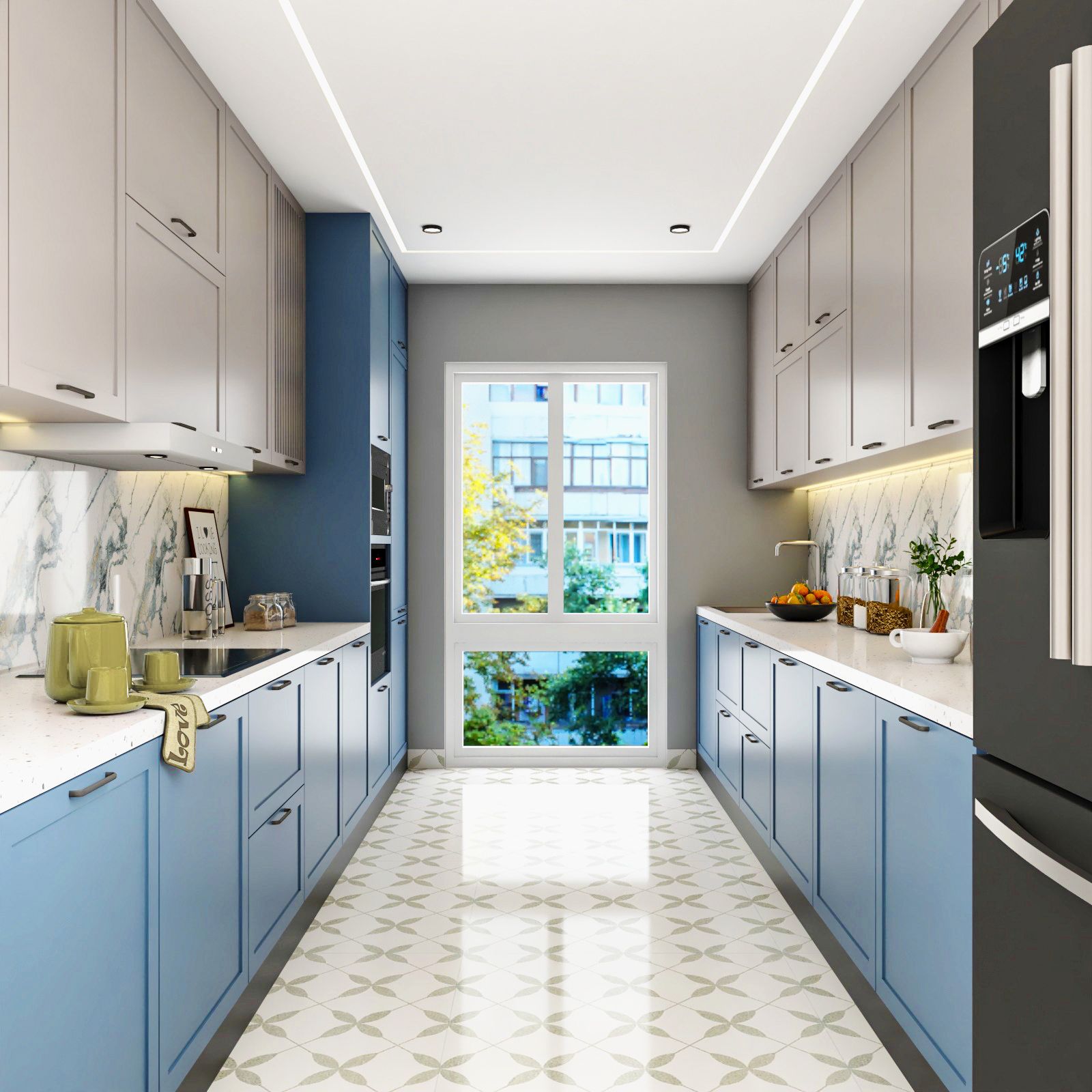Modern Parallel Modular Kitchen Design With Cielo Blue And Beige Cabinetry