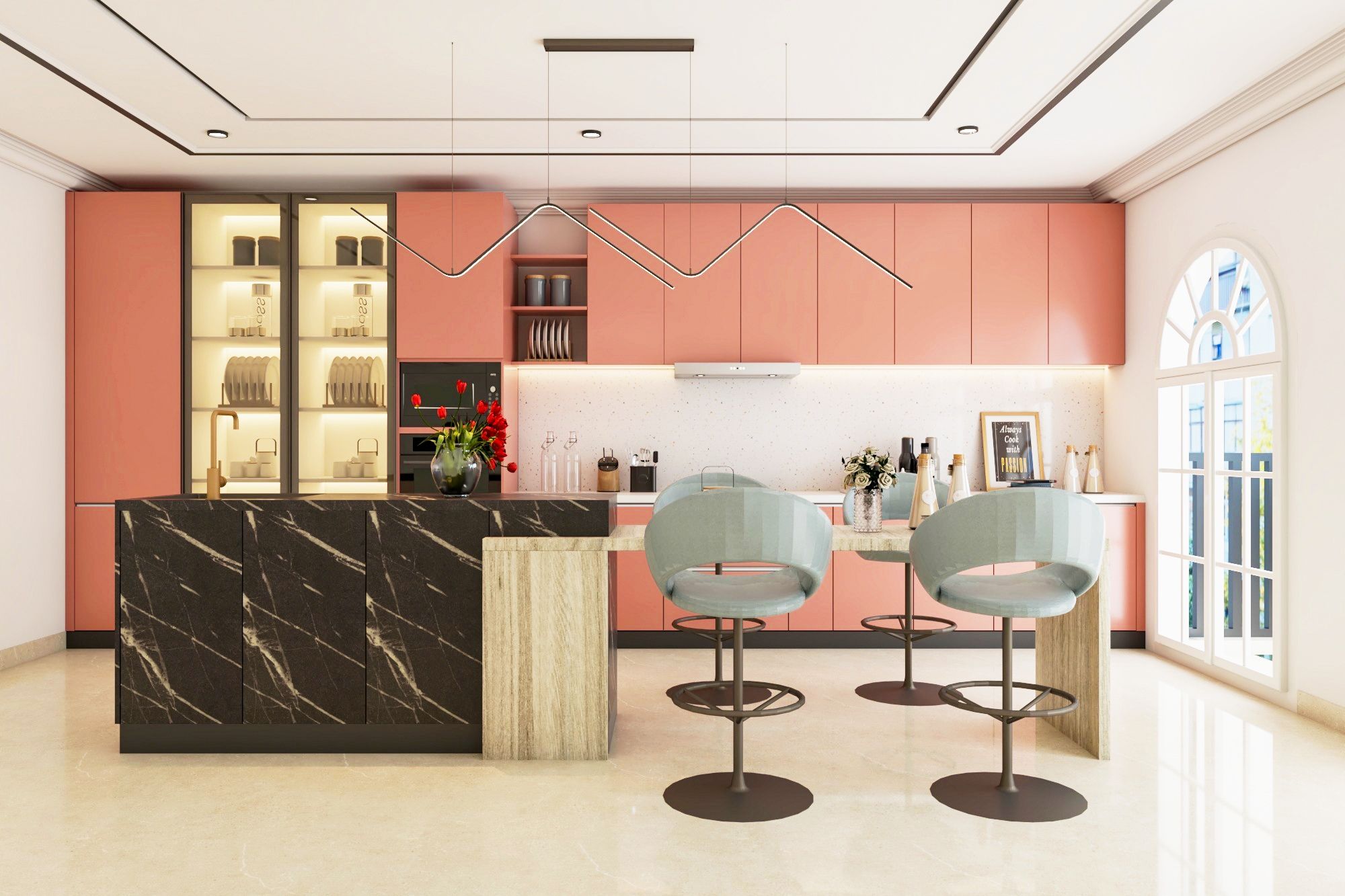 Scandinavian Straight Island Kitchen Design With Pink Tenero Cabinets
