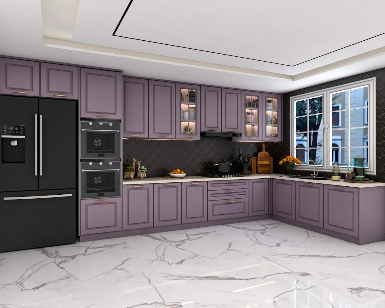 Contemporary L-Shaped Modular Kitchen Design With Purple Lilla Fiore Cabinets And Black Dado Tiles
