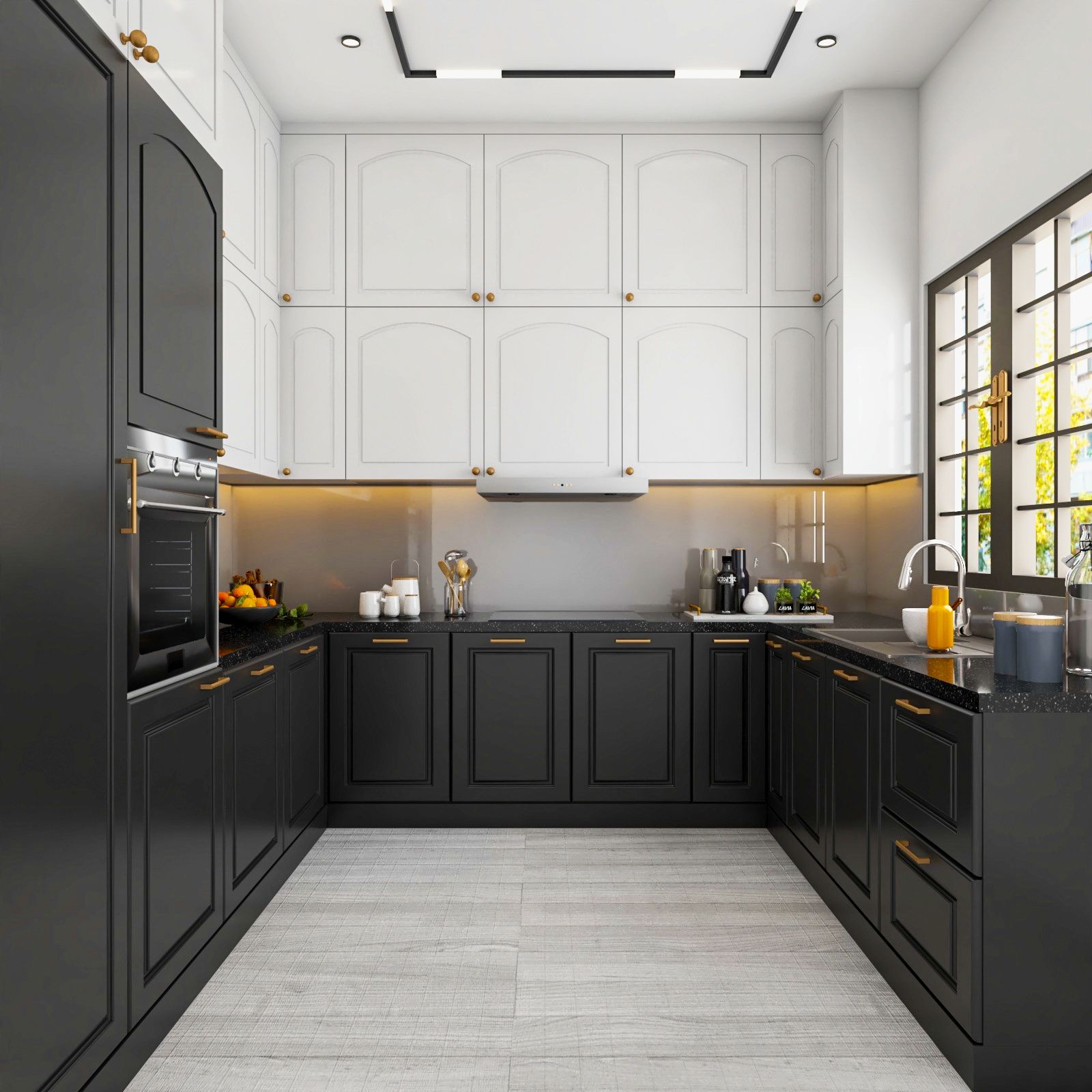 Classic U-Shaped Modular Kitchen Design With Black Granite Countertop