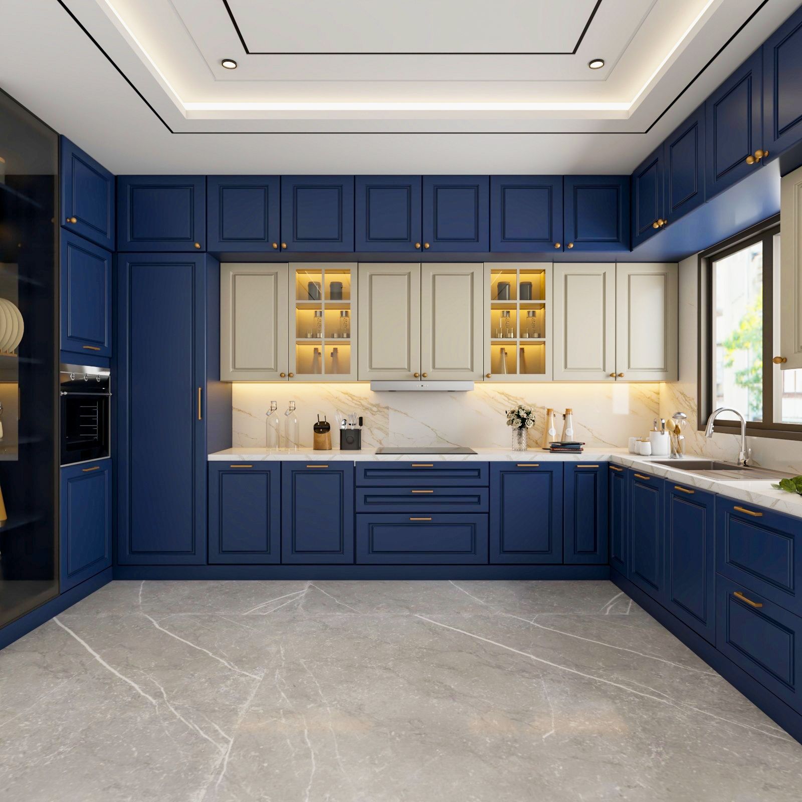 Classic Blue And Cream-Toned U-Shaped Kitchen Design With Marble Dado Tiles
