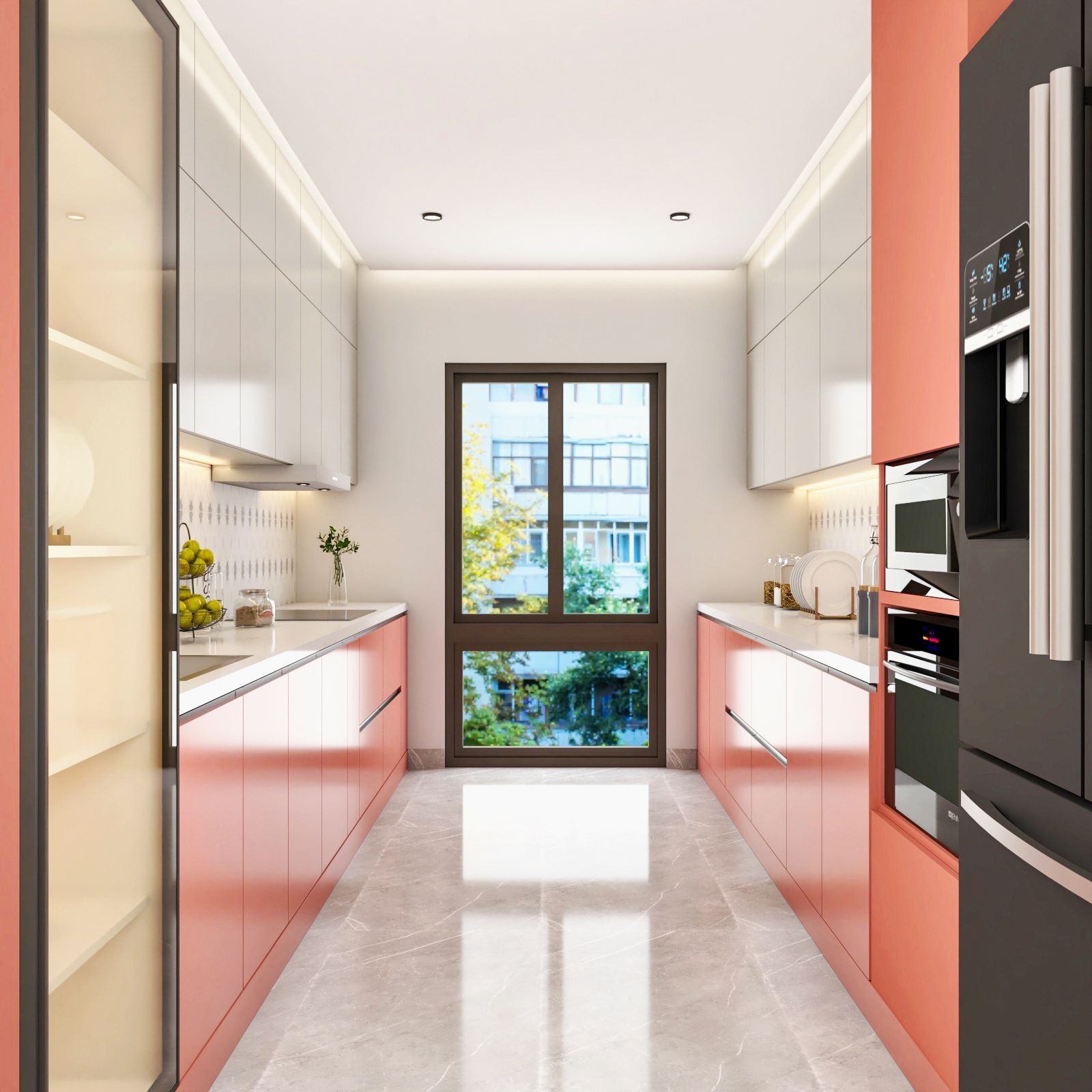 Modern Modular Parallel Kitchen Design With Peach-Toned And White Cabinets