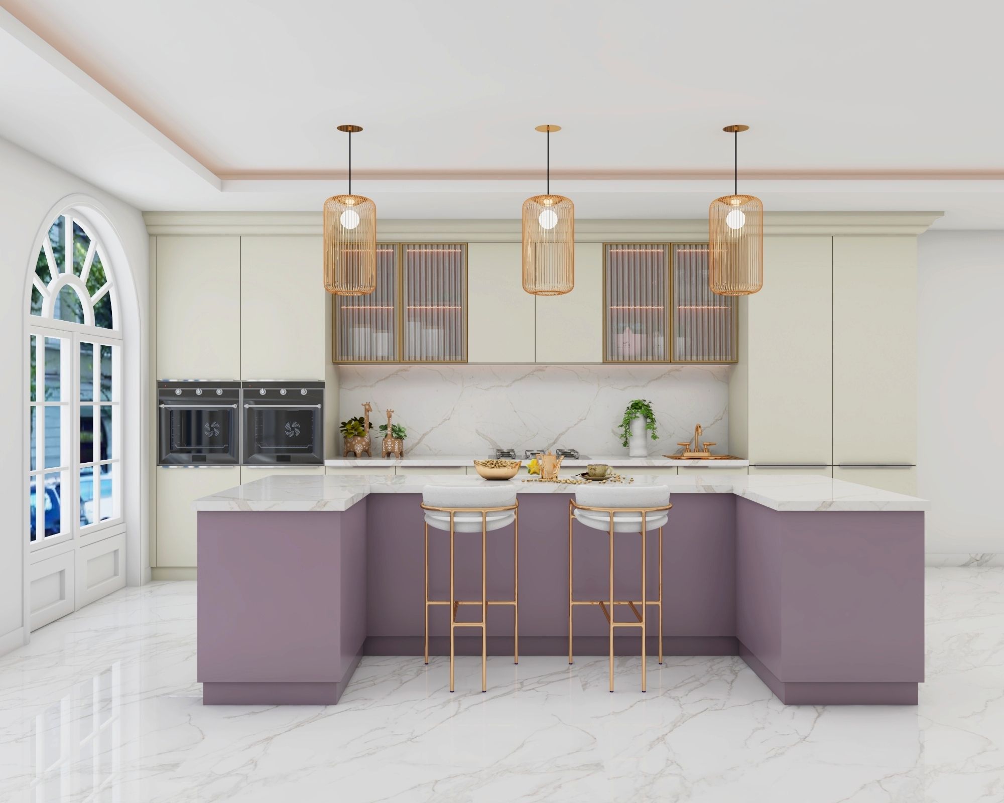 Contemporary Lilac And Off-White Modular Island Kitchen Design With White Bar Stools