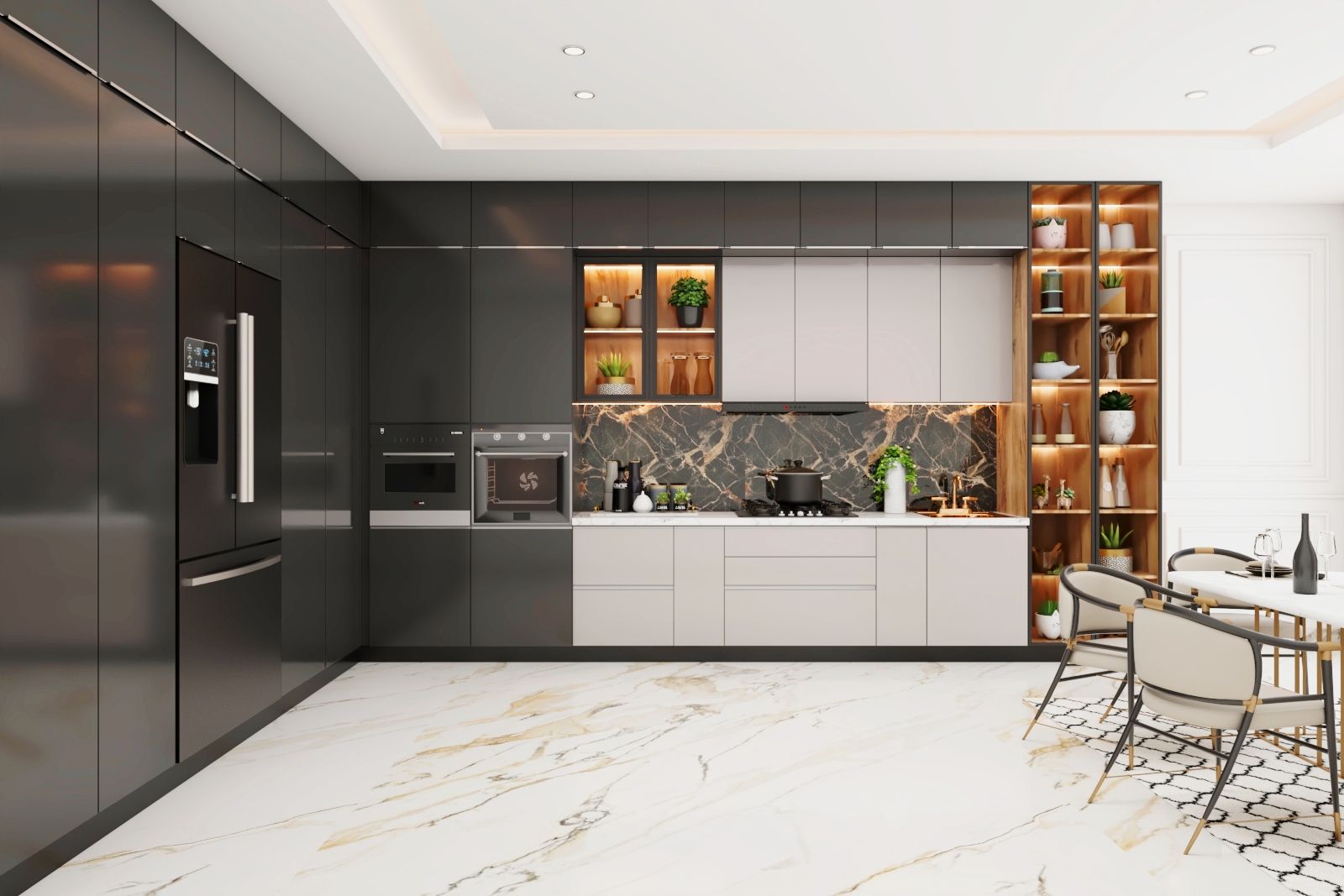 Contemporary Black And White L-Shaped Kitchen Design With Wooden Storage Units