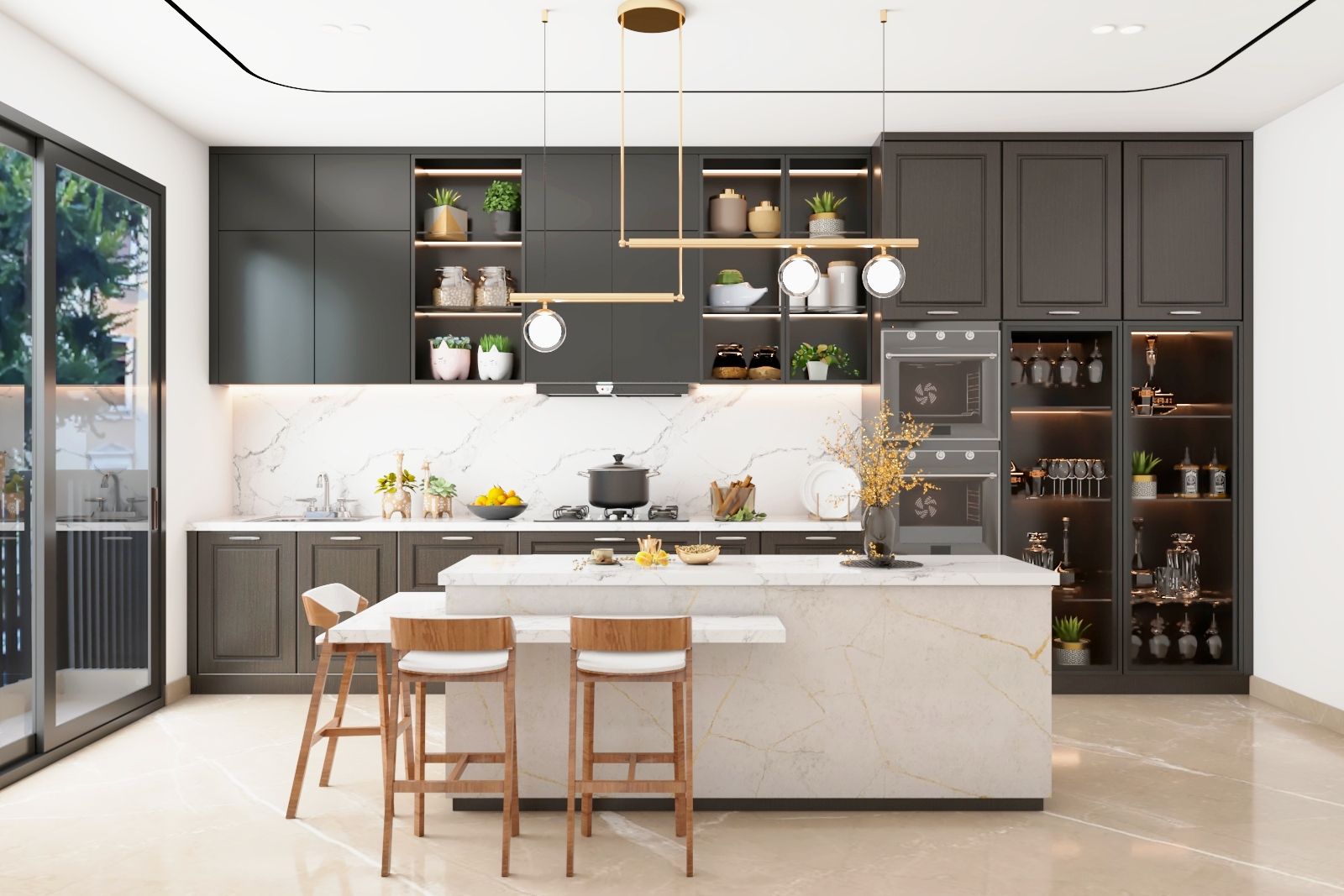 Contemporary Grey Modular Kitchen Design With White Marble Island
