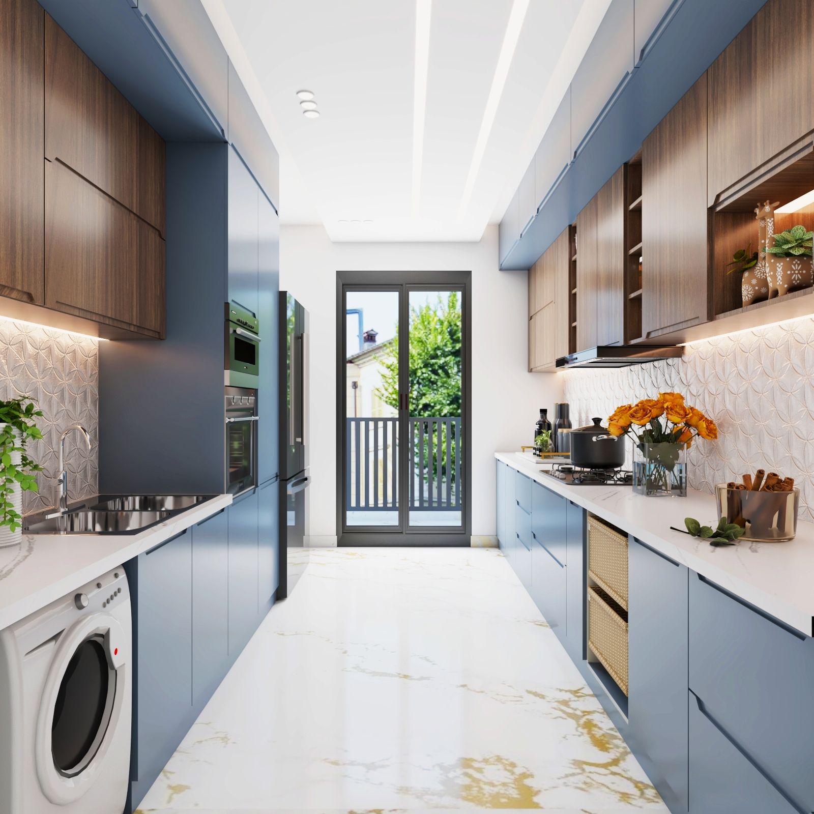 Modern Light Blue And Wooden Parallel Modular Kitchen Design With Floral Backsplash