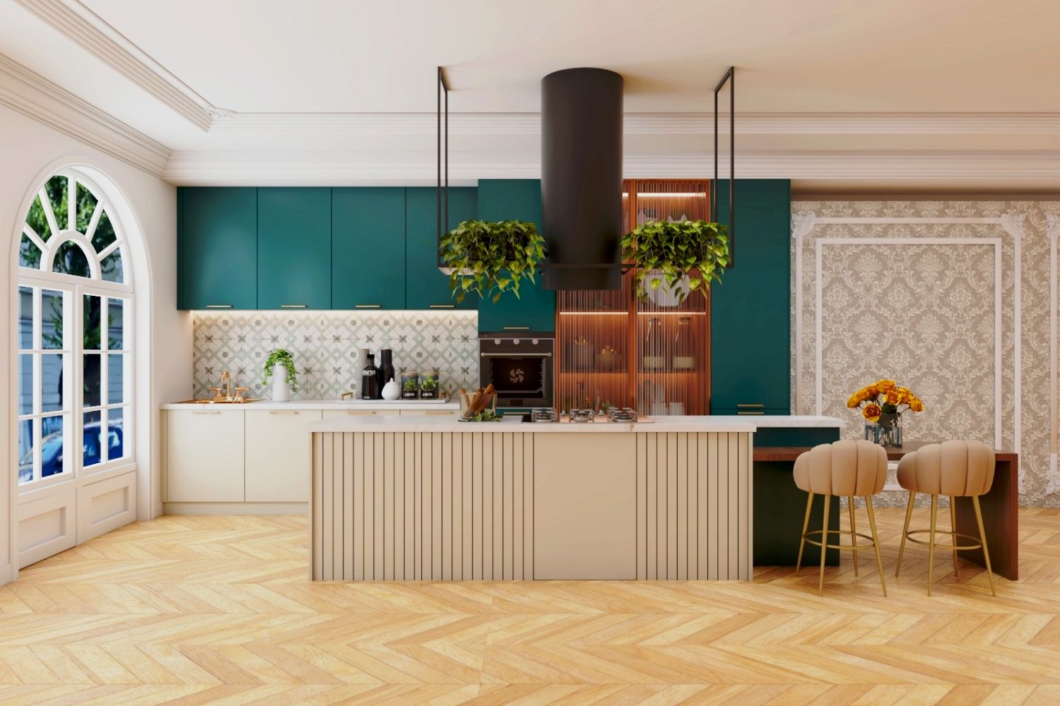 Contemporary Caruba Green And Inverno Beige Modular Island Kitchen Design With Damask Wallpaper