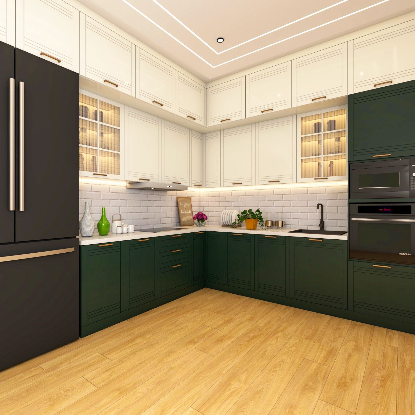 Contemporary Modular L-Shaped Kitchen Design With Dark Green Verde Alpino And White Cabinets