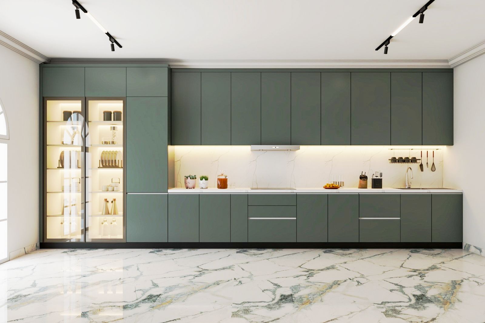 Modern Straight Modular Kitchen Design With Elefante Green Cabinets And Marble Countertop