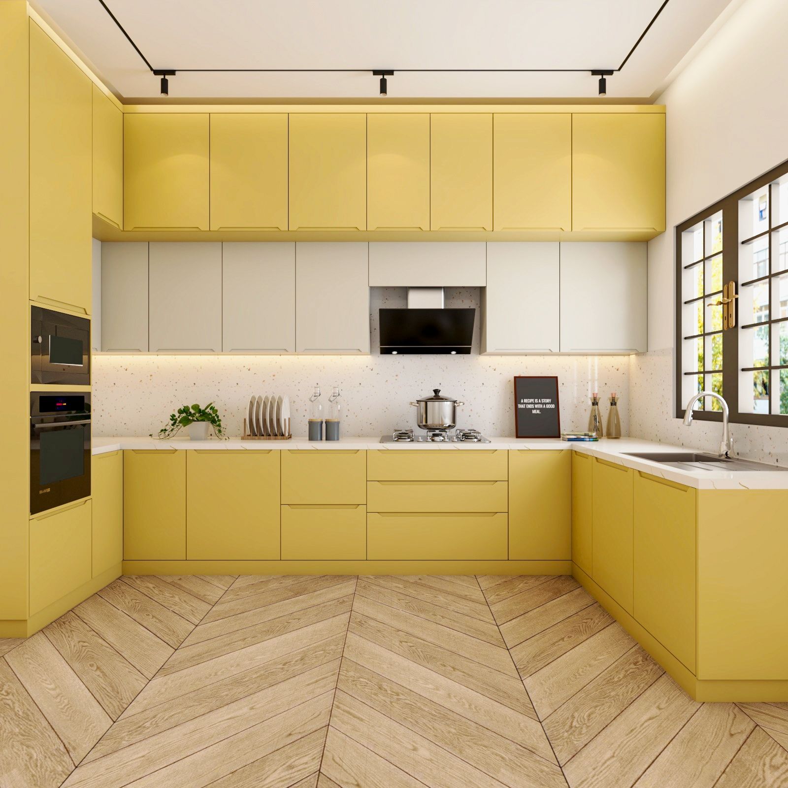 Modern Modular U-Shaped Kitchen Design With Yellow And White Kitchen Cabinets