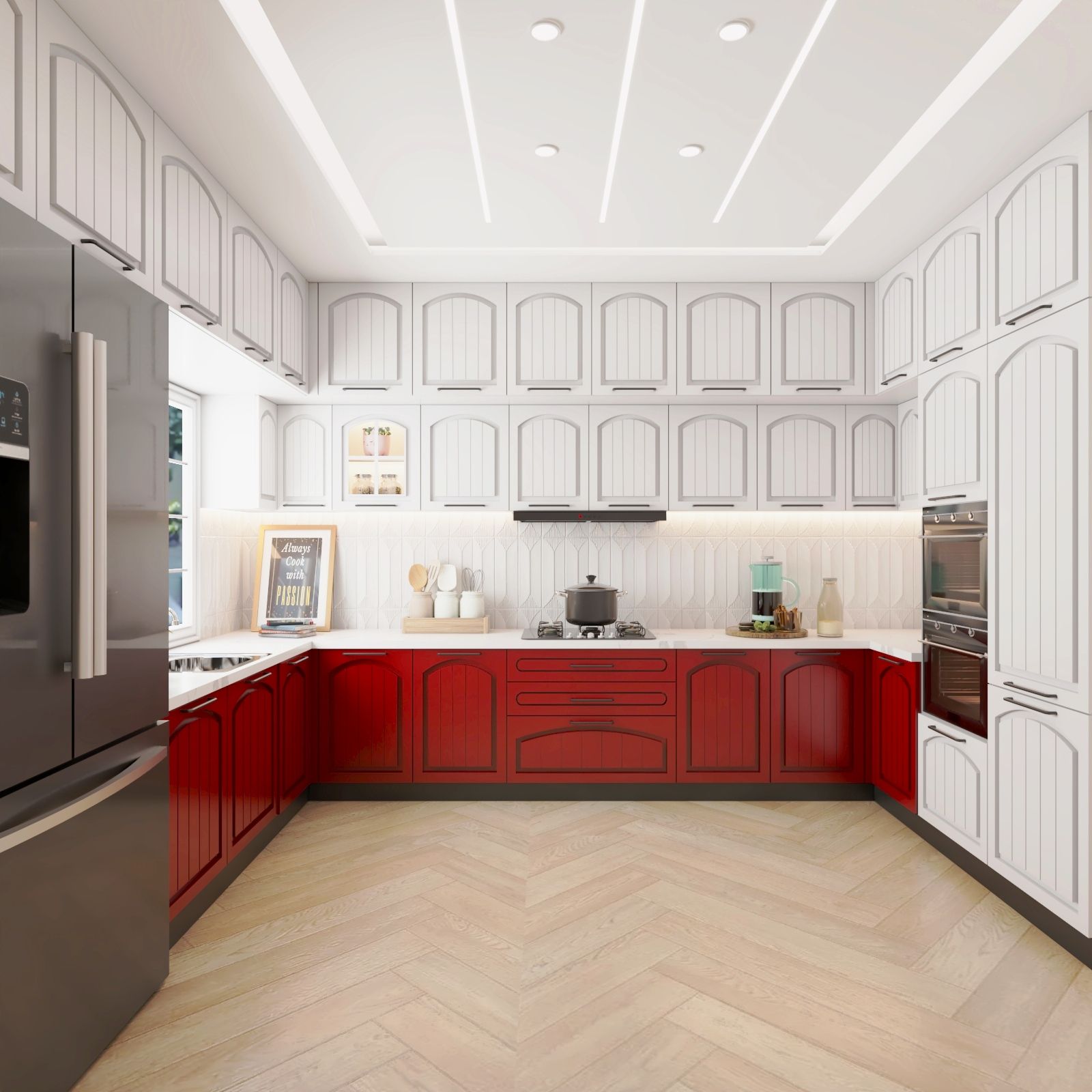 Contemporary U-Shaped Kitchen Design With Red And White Cabinets