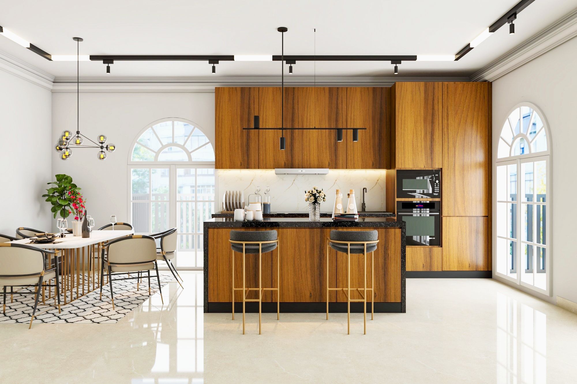 Contemporary Modular Roma Marrone Island Kitchen Design With Black Upholstered Bar Stools