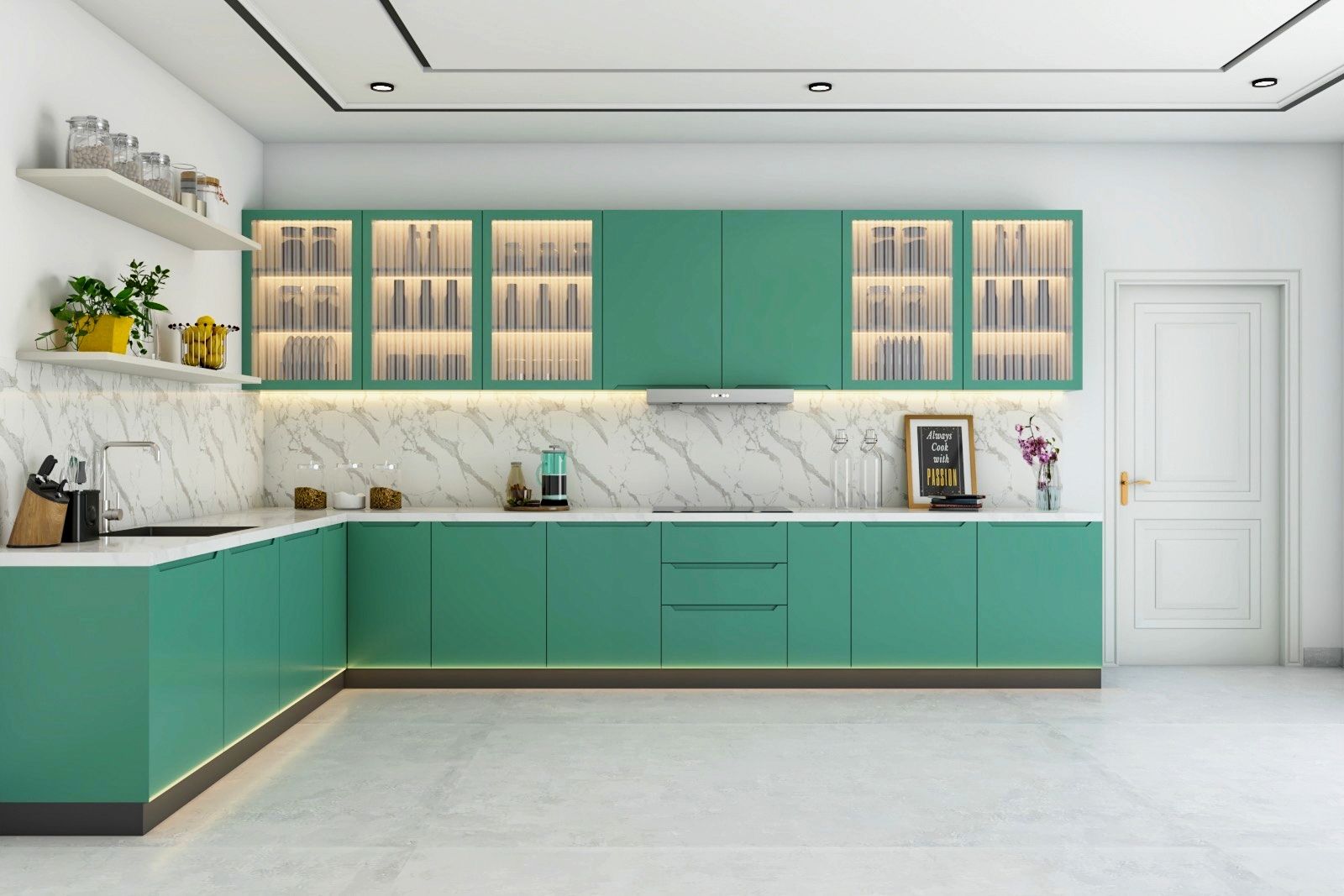 Modern Modular L-Shaped Kitchen Cabinet Design With Pino Tropicale Cabinets And Under-Cabinet Lighting