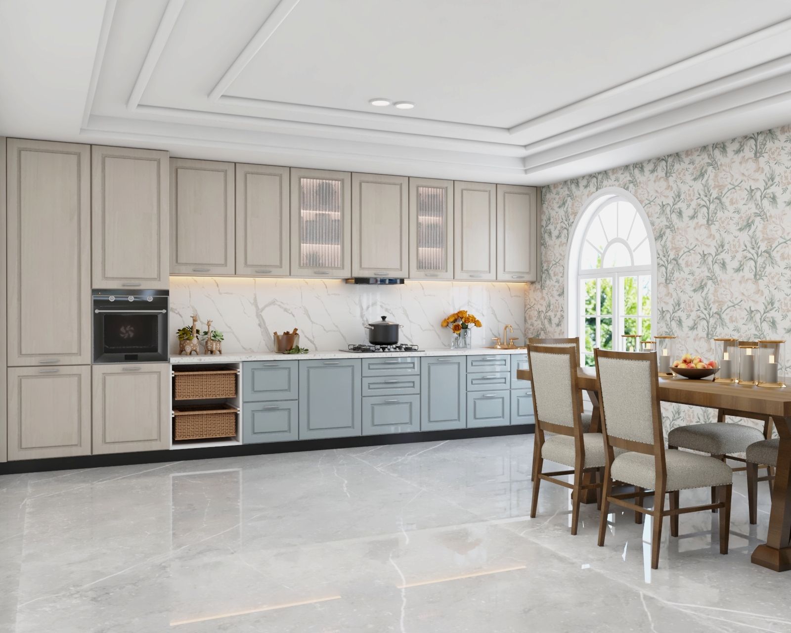 Modern Classic Modular Straight Kitchen Design In Beige And Blue With A Marble Countertop