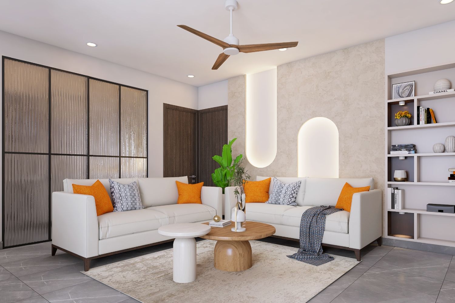 Contemporary Living Room Design With L-Shaped White Sofa And Textured Beige Wall Panel