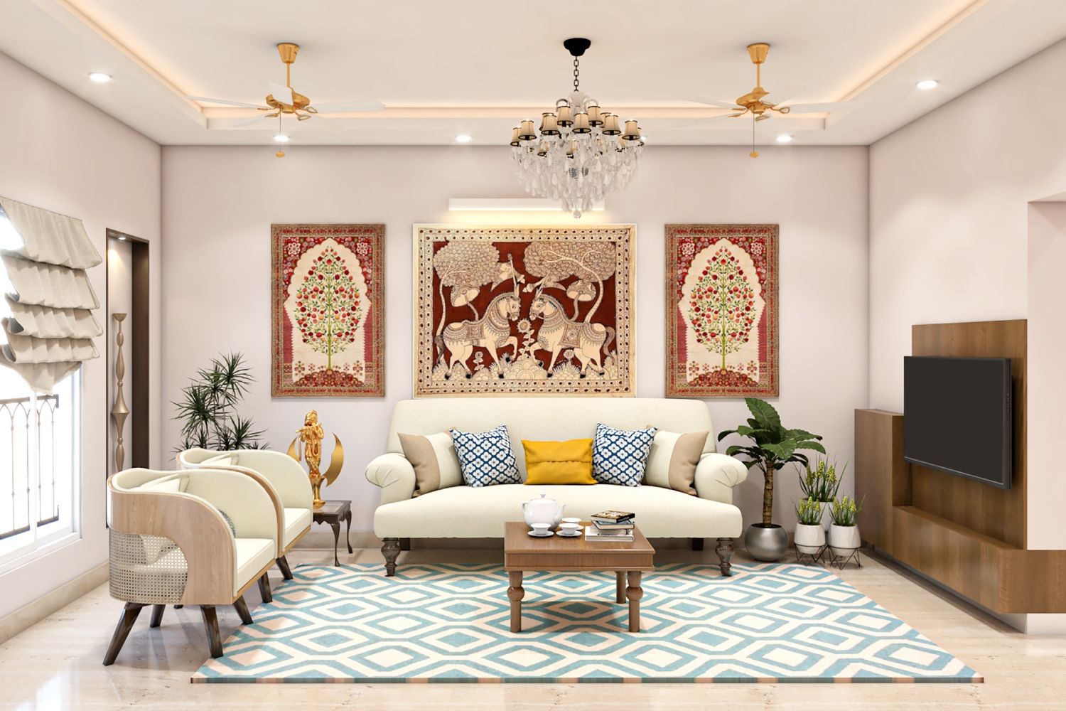 Traditional Living Room Design With Cream Three Seater Upholstered Sofa And Madhubani Painting