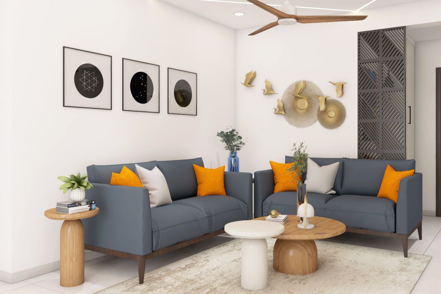 Modern Living Room Design With Grey Upholstered Sofa And 2-Tiered Wooden Coffee Table
