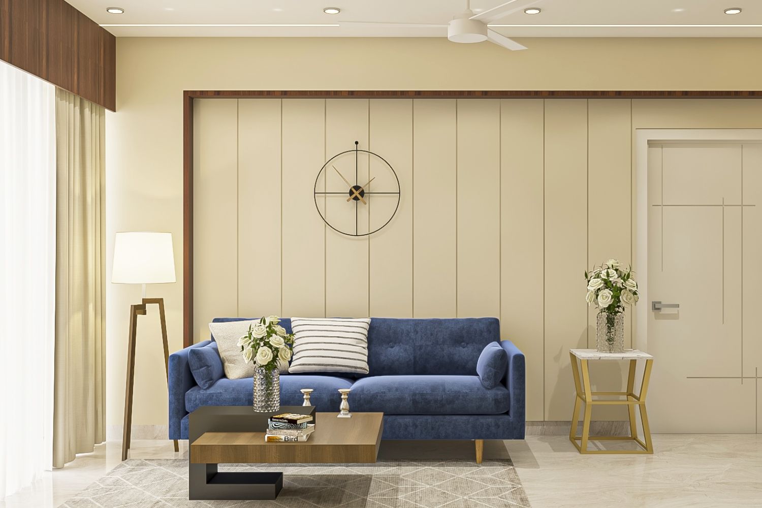 Modern Living Room Design With Dark Blue Velvet Sofa And Beige Wall Panel With Grooves