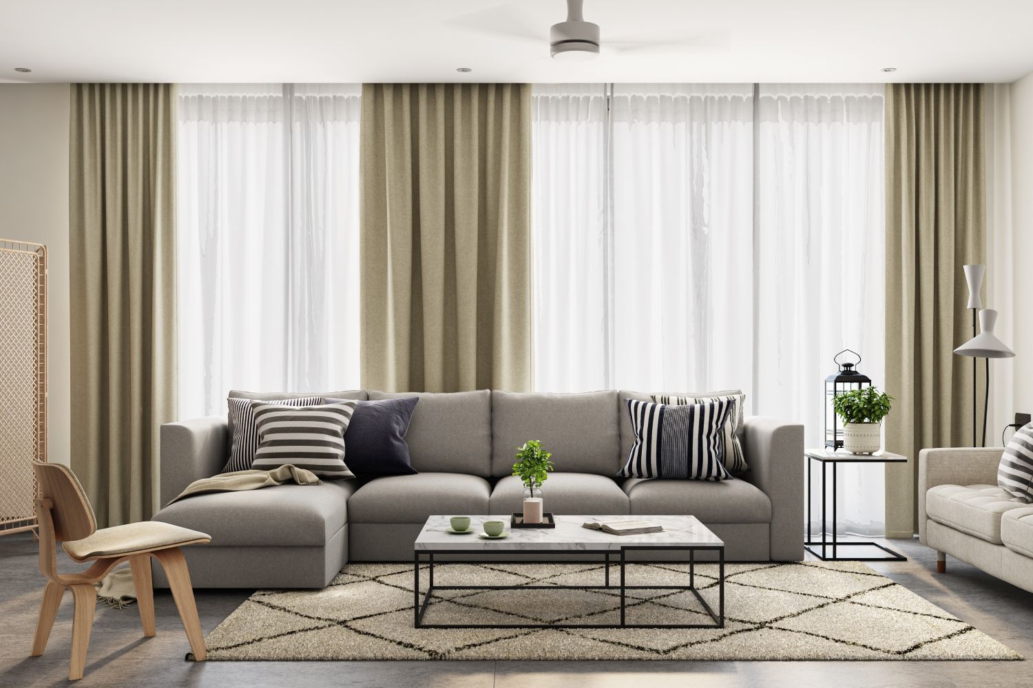 Scandinavian Living Room Design With Grey L-Shaped Sectional Sofa And Marble Coffee Table