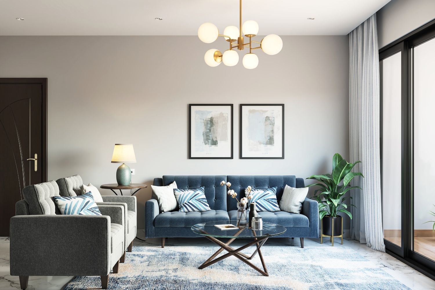 Modern Living Room Design With Blue 3-Seater Sofa And Grey Accent Wall