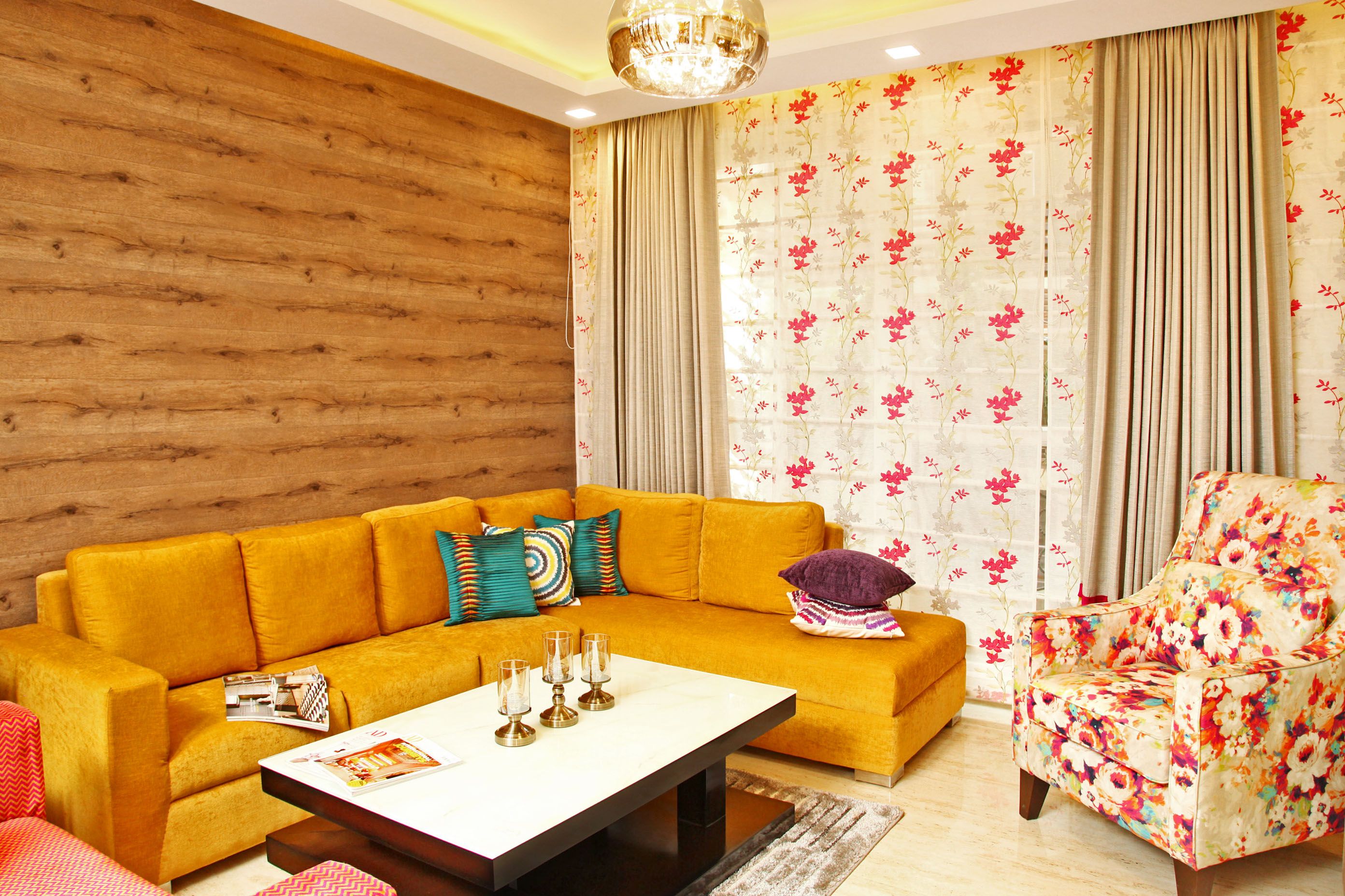 Eclectic Living Room Design With Yellow L-Shaped Sofa And Wooden Accent Wall