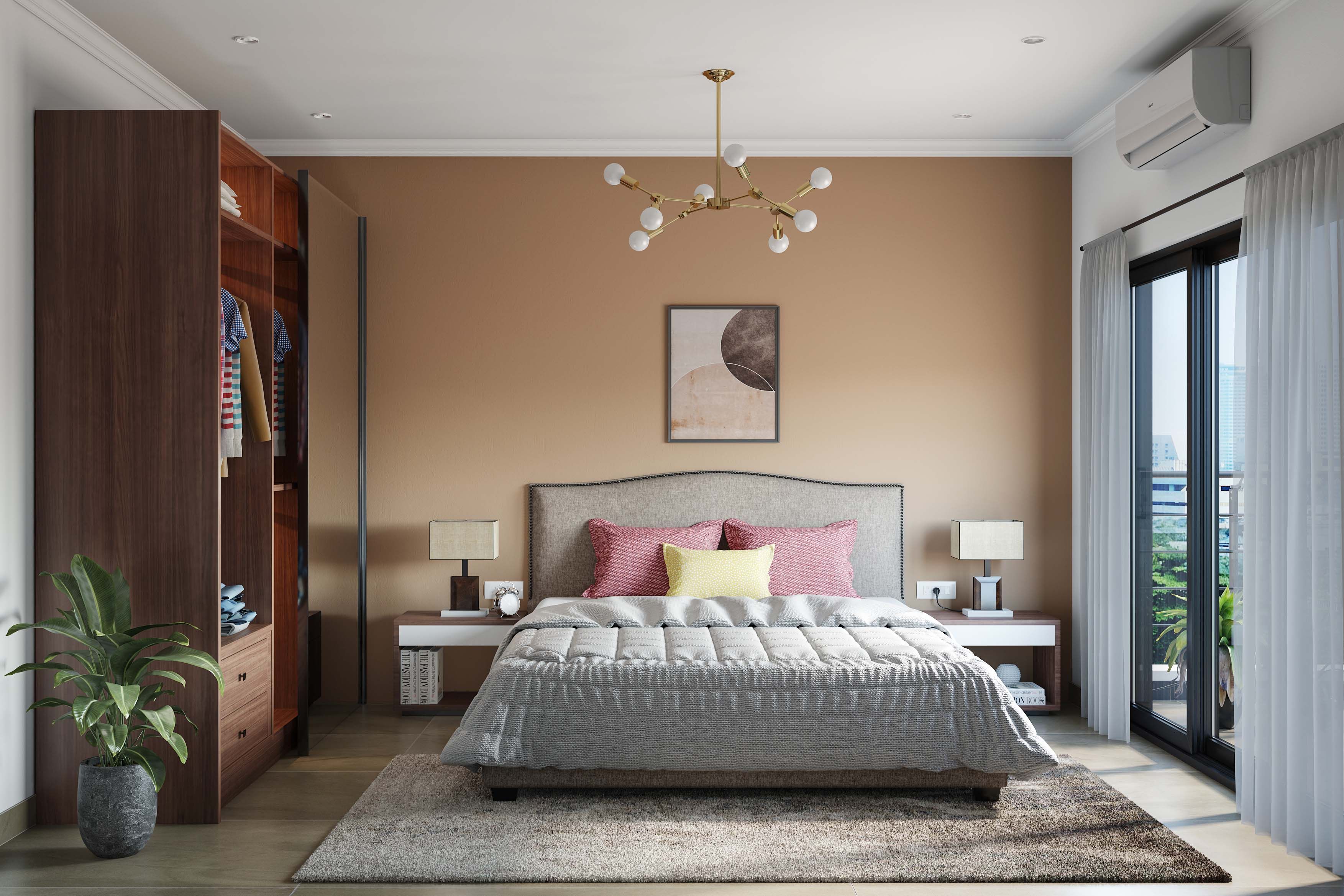 Modern Master Bedroom Design With Beige Upholstered Bed And Light Brown Wall Paint