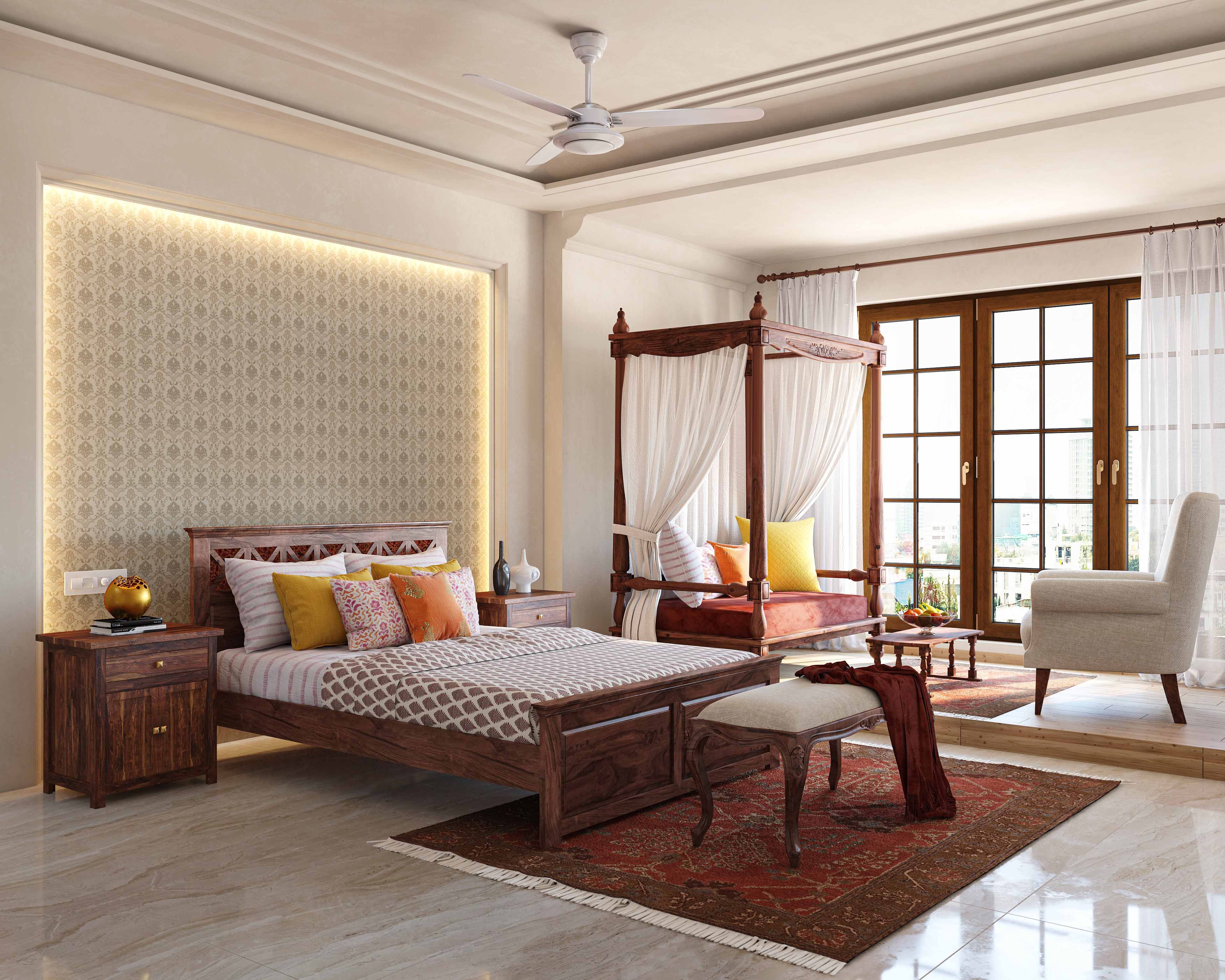 Traditional Master Bedroom Design With Beige Damask Wallpaper And Wooden Furntiture